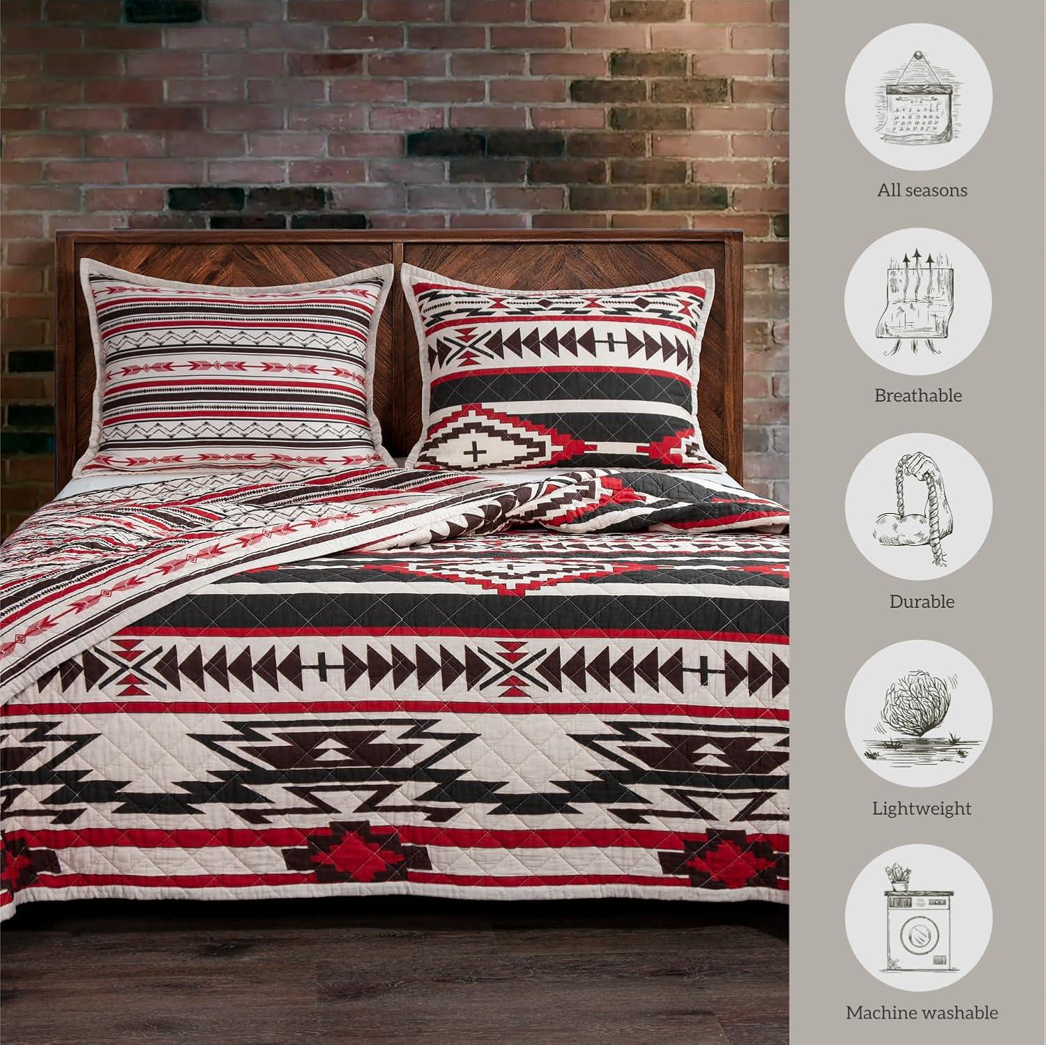 Cortez White Red Gray Brown Cotton Geometric Aztec Pattern Reversible Western Lodge Quilt Set