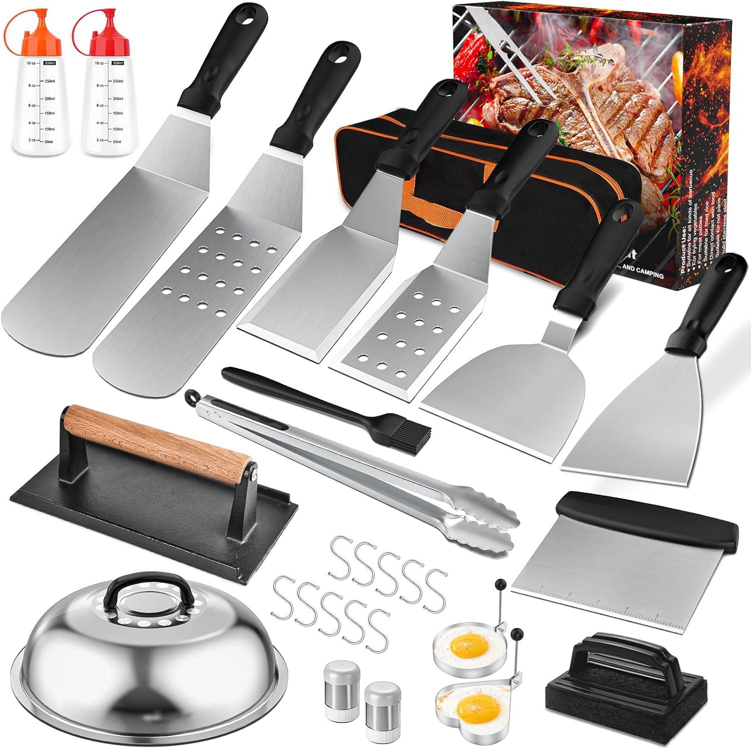 29-Piece Stainless Steel Griddle Grill Tool Set with Plastic Handles