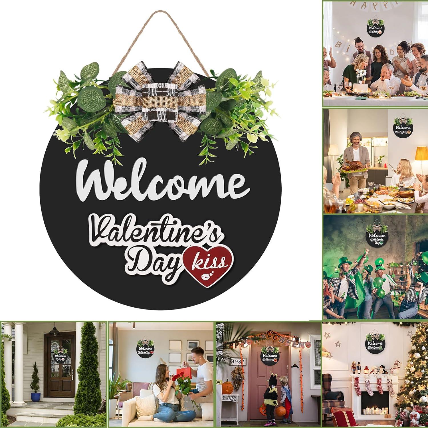 RoseCraft Interchangeable Wooden Seasonal White Welcome Sign, Rustic Welcome Front Door Wreaths for Home Wall Porch Decor, for Easter Spring Summer Fall Halloween Christmas All Season Decorations.