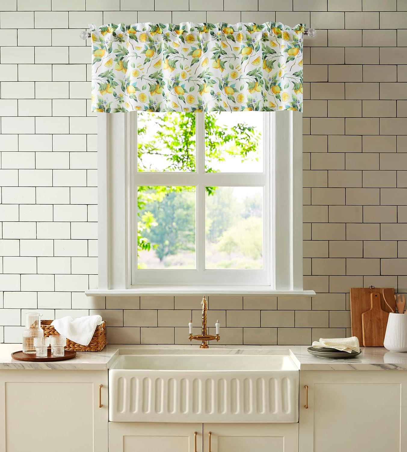 RT Designer's Collection Tribeca Lemons Printed 3 Pieces Kitchen Curtain Set Includes 1 Valance 52" x 18" and 2 Tiers 26" x 36" Each Multi Color