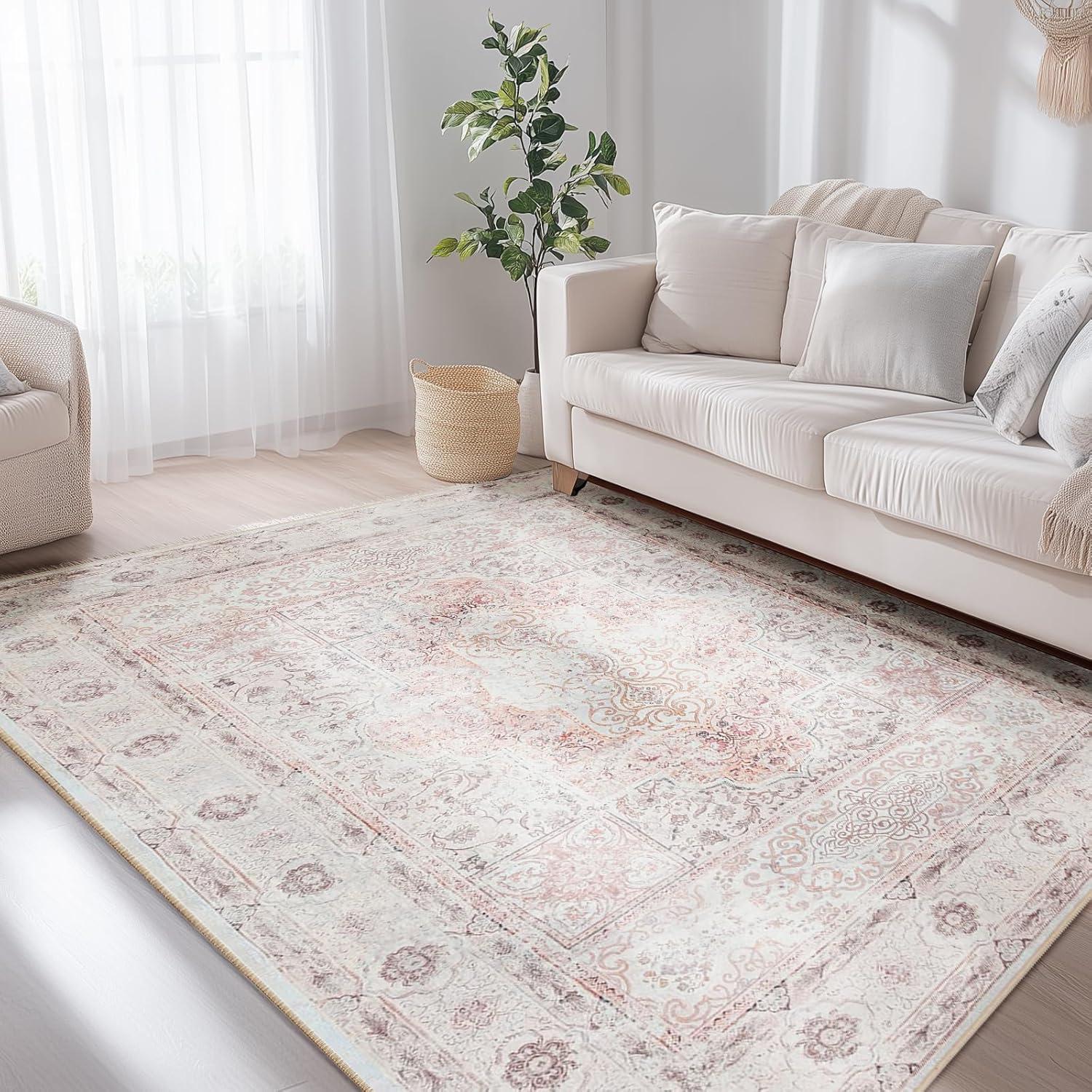 Hasoo Area Rug 5' x 7' Washable Modern Floral Rugs for Living Room Non-Slip Accent Carpet Pink