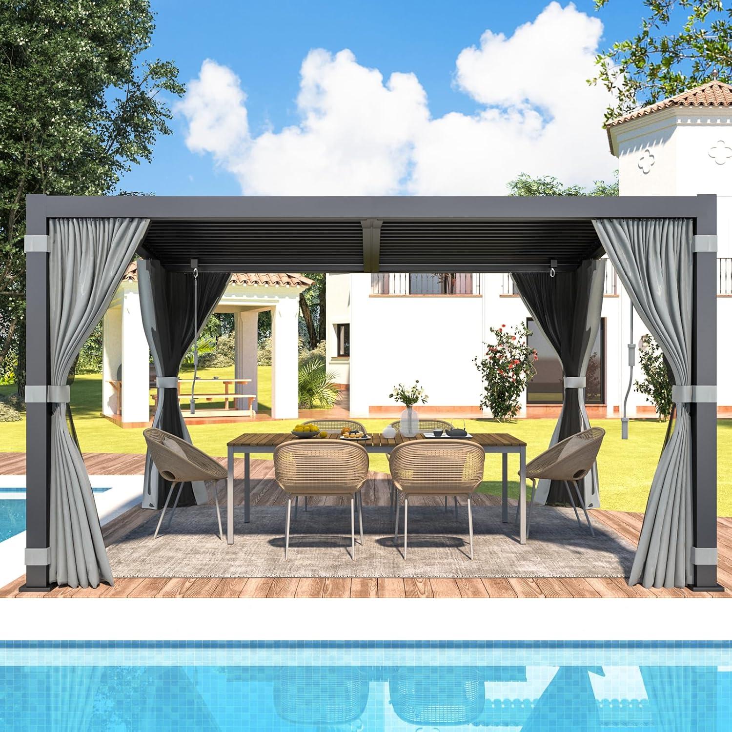 Erommy  Outdoor Louvered Pergola Gazebo with Adjustable Aluminum Rainproof Roof and Pull-Down Screen 11'x13' A Shape - Grey