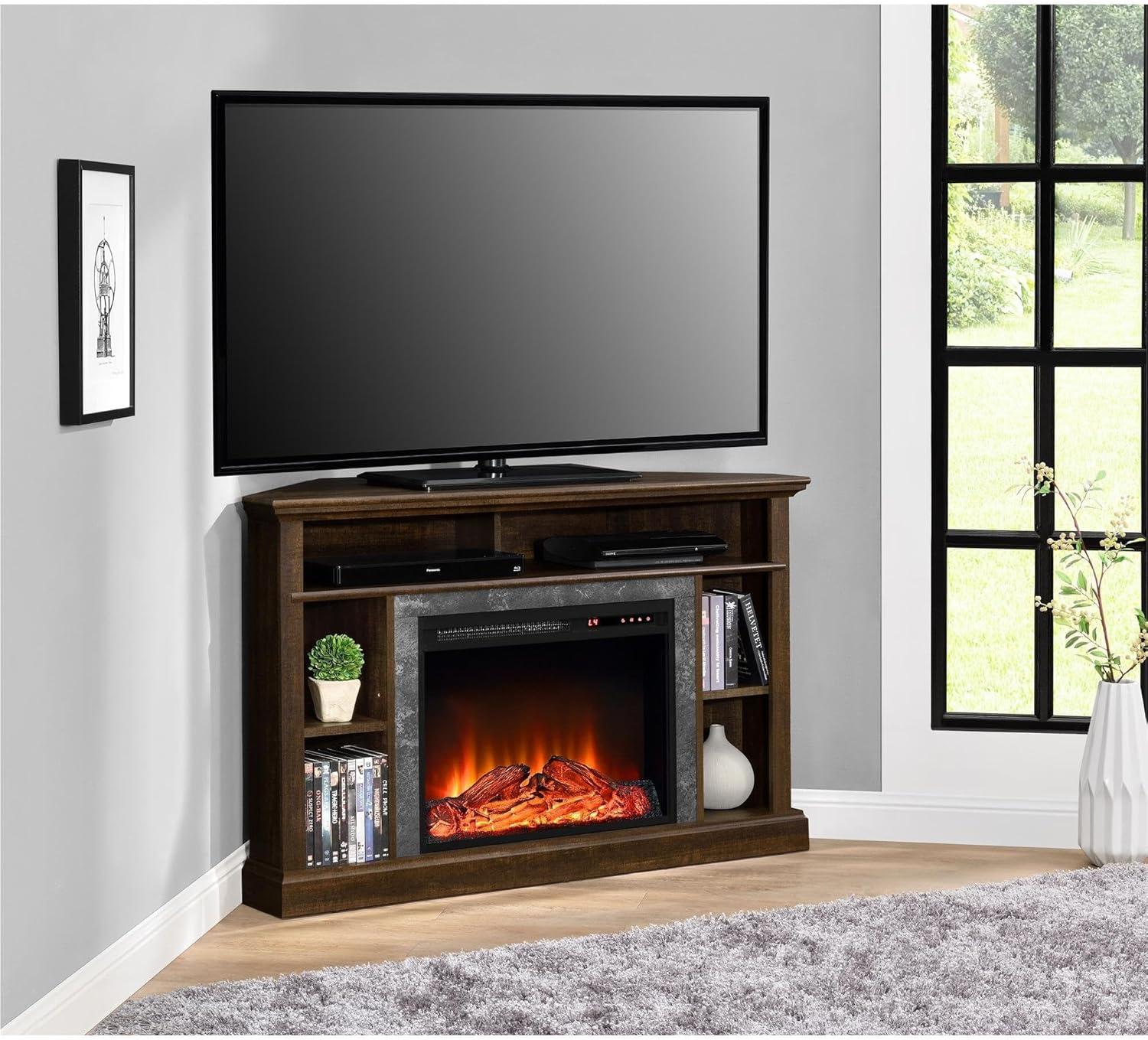 Espresso Corner Fireplace TV Stand with Faux Stone