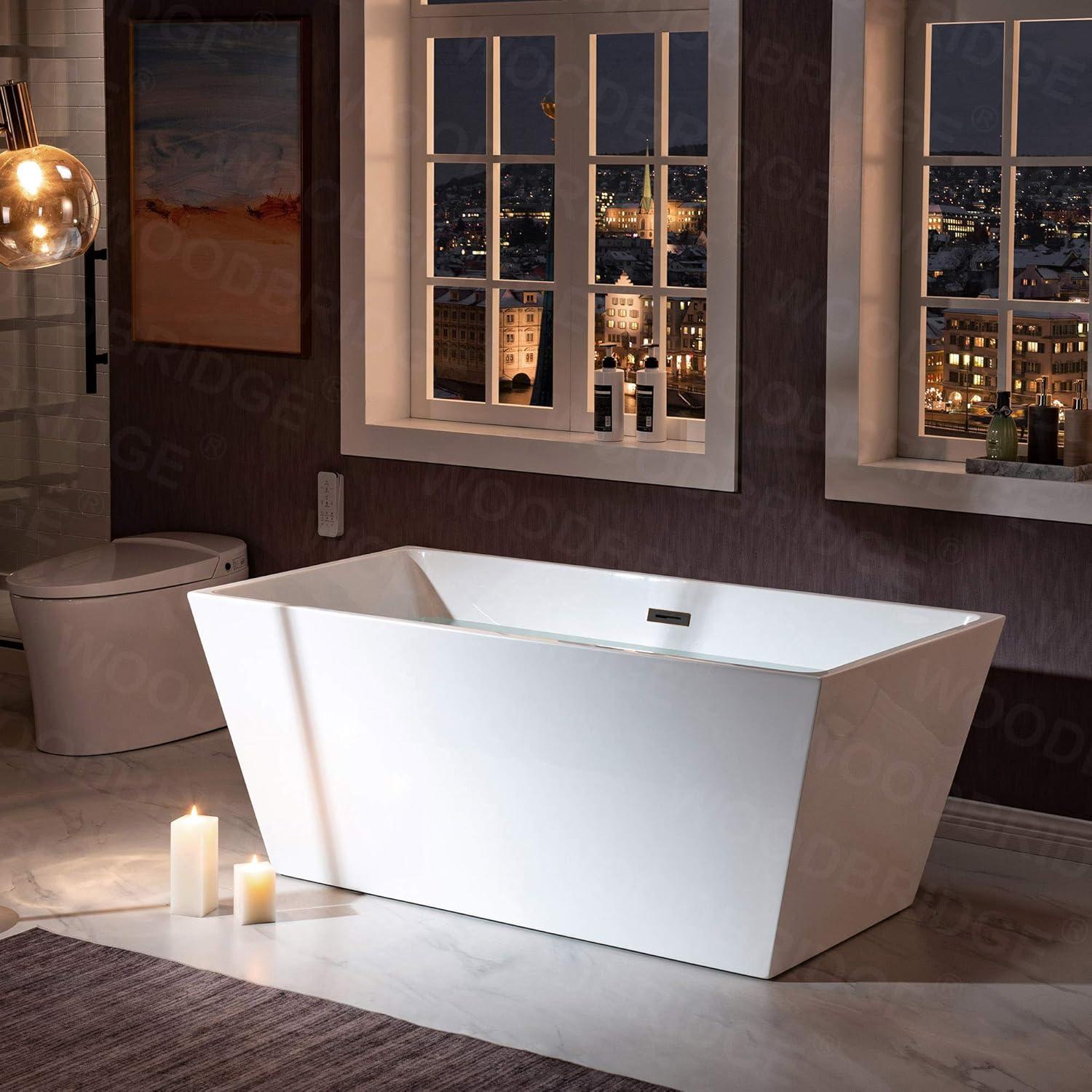 59" White Acrylic Freestanding Bathtub with Matte Black Overflow