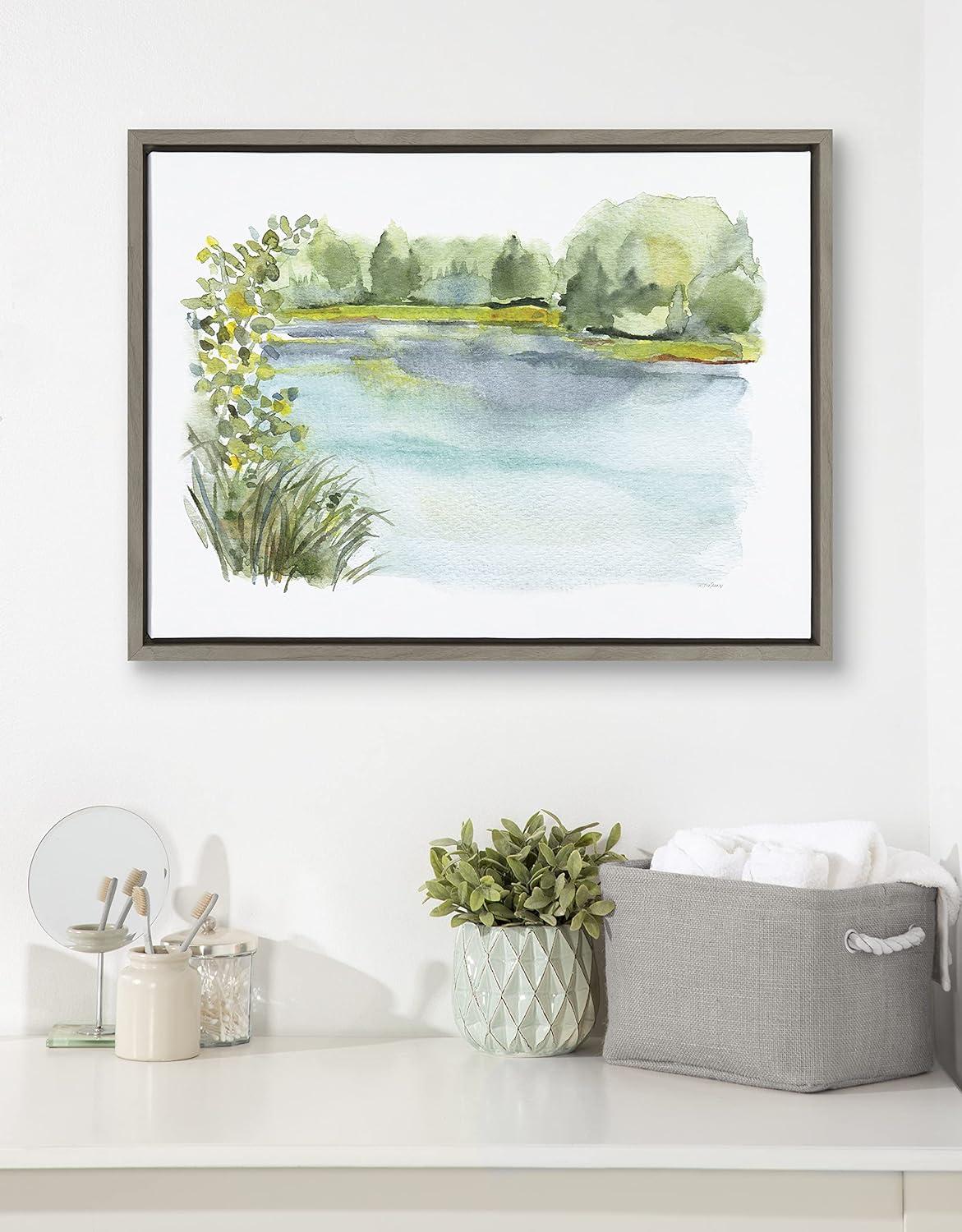 Kate and Laurel Sylvie Pond Landscape Framed Canvas by Patricia Shaw, 18x24, Gray