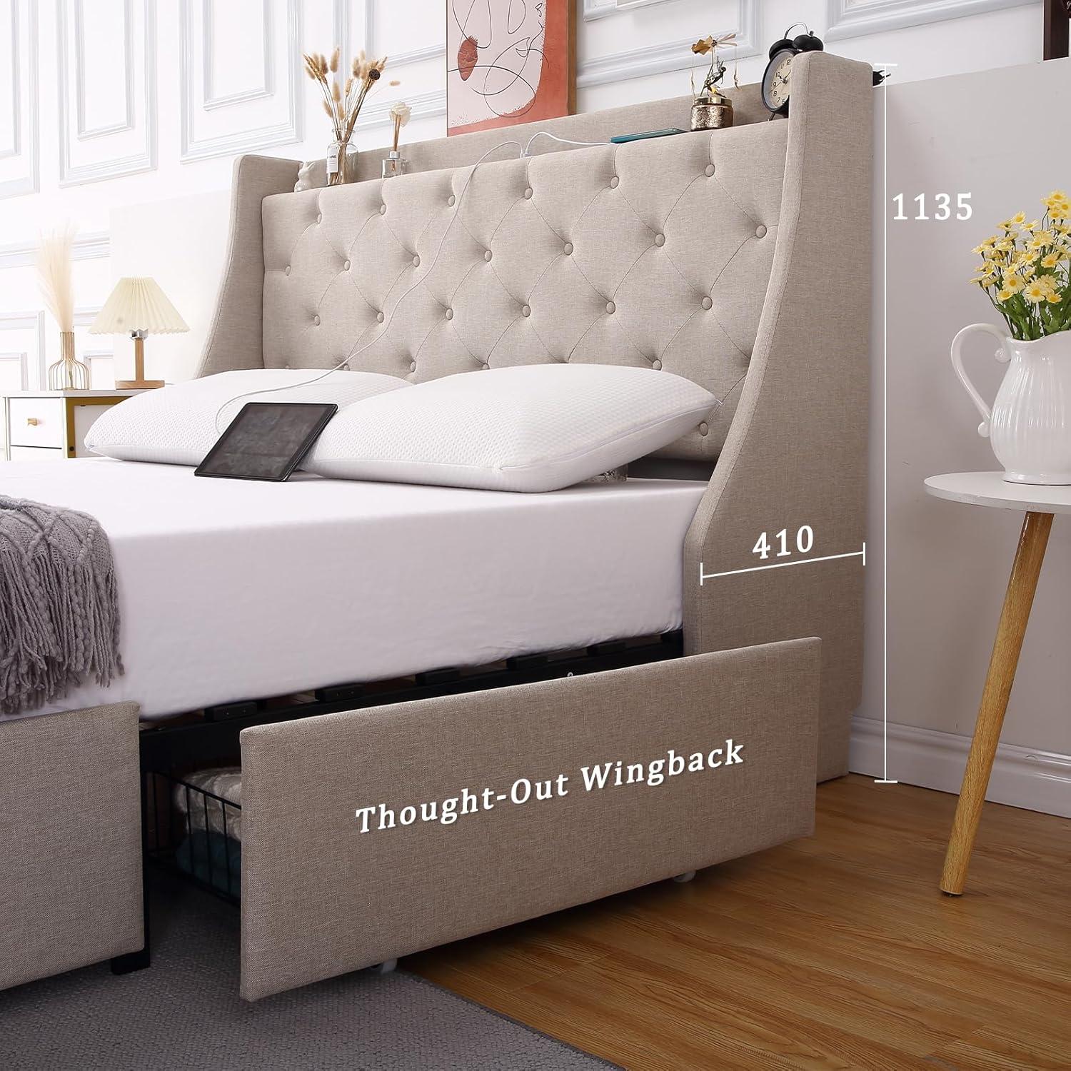 Huloretions Queen Bed Frame With Charging Station,Platform Bed With 4 Storage Drawers,Upholstered Wingback Headboard And Storage Shelf,No Box Spring Needed Easy Assembly