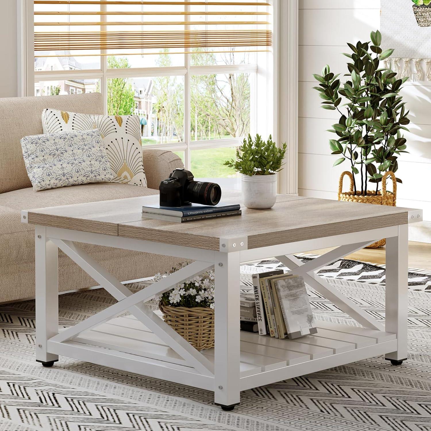 DEXTRUS Farmhouse Square Wood Coffee Table with Open Storage Shelf