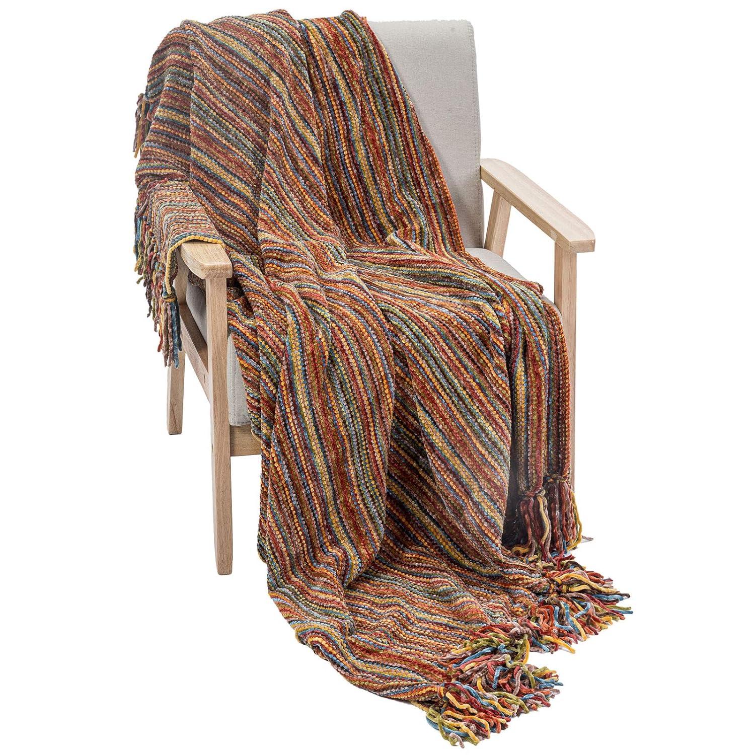 DECOMALL Decorative Throw Blanket with Fringe Soft Striped Multi Color Throws for Couch Sofa Armchair Bed 50”x 60” (Red Multi, 50”x 60”)