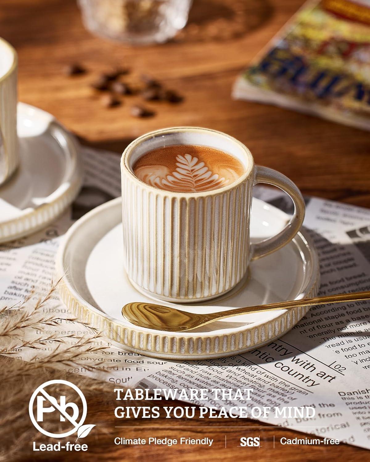 shuoli Star Espresso Cups And Saucers Set Of 4, [ Mini ] 3 Oz Ceramic Small Coffee Mug With Handle, Ribbed Stoneware Demitasse Cup For Tea, Latte - Microwave & Dishwasher Safe - Cappuccino White