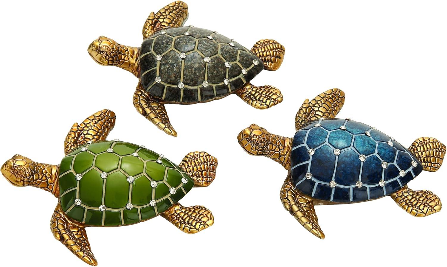 Jeweled Ceramic Turtle Trio Decorative Statues