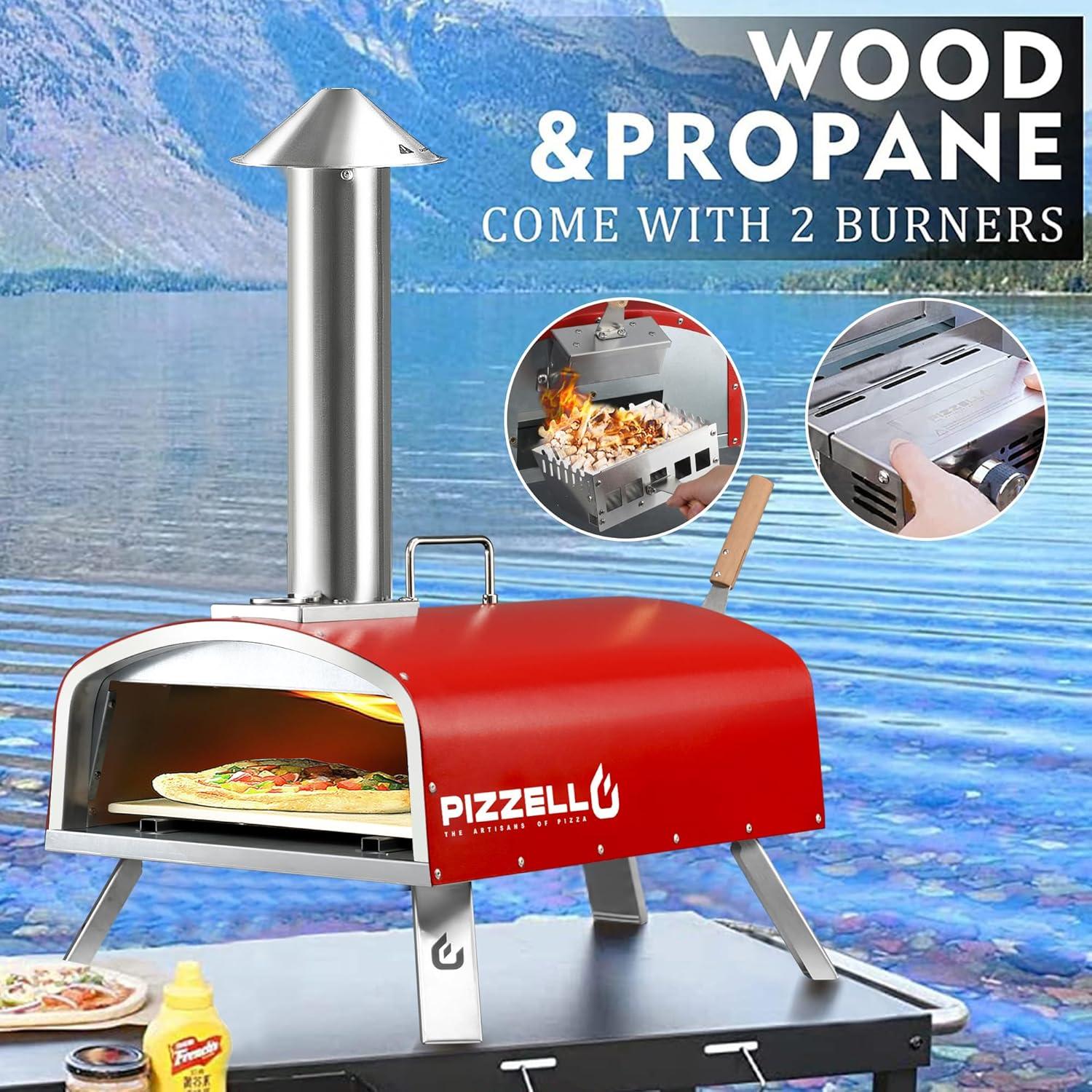 Outdoor Propane Pizza Oven Gas Wood 16" Pizza Maker Stove with Gas Burner, Thermometer, Wood Tray, Pizza Stone, Pizza Peel, Carry Bag, Red