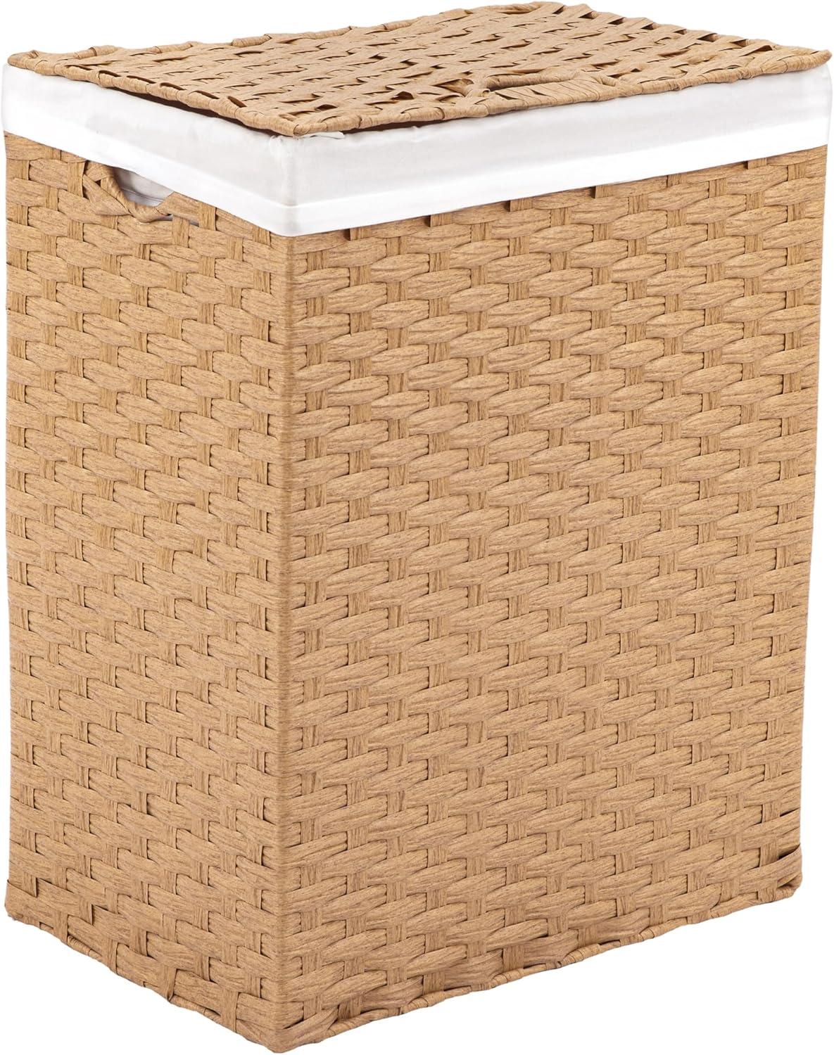 Seville Classics Handwoven Lidded Removable Washable Canvas Liner Portable Laundry Hamper Bin, Tan