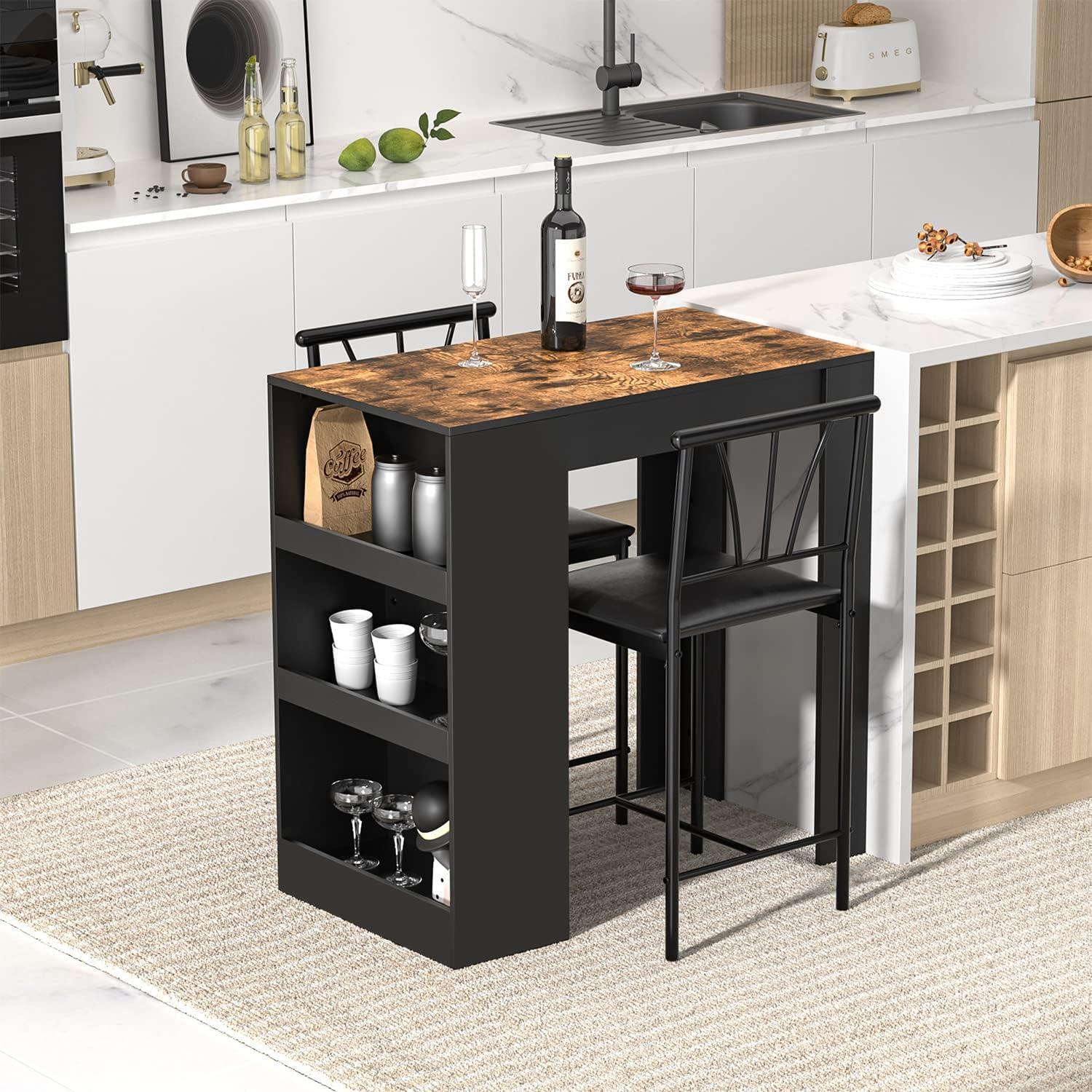 ZHOUJIA Small Bar Table and Chairs Tall Kitchen Breakfast Nook with Stools/Dining Set for 2, Storage Shelves, Space-Saving,