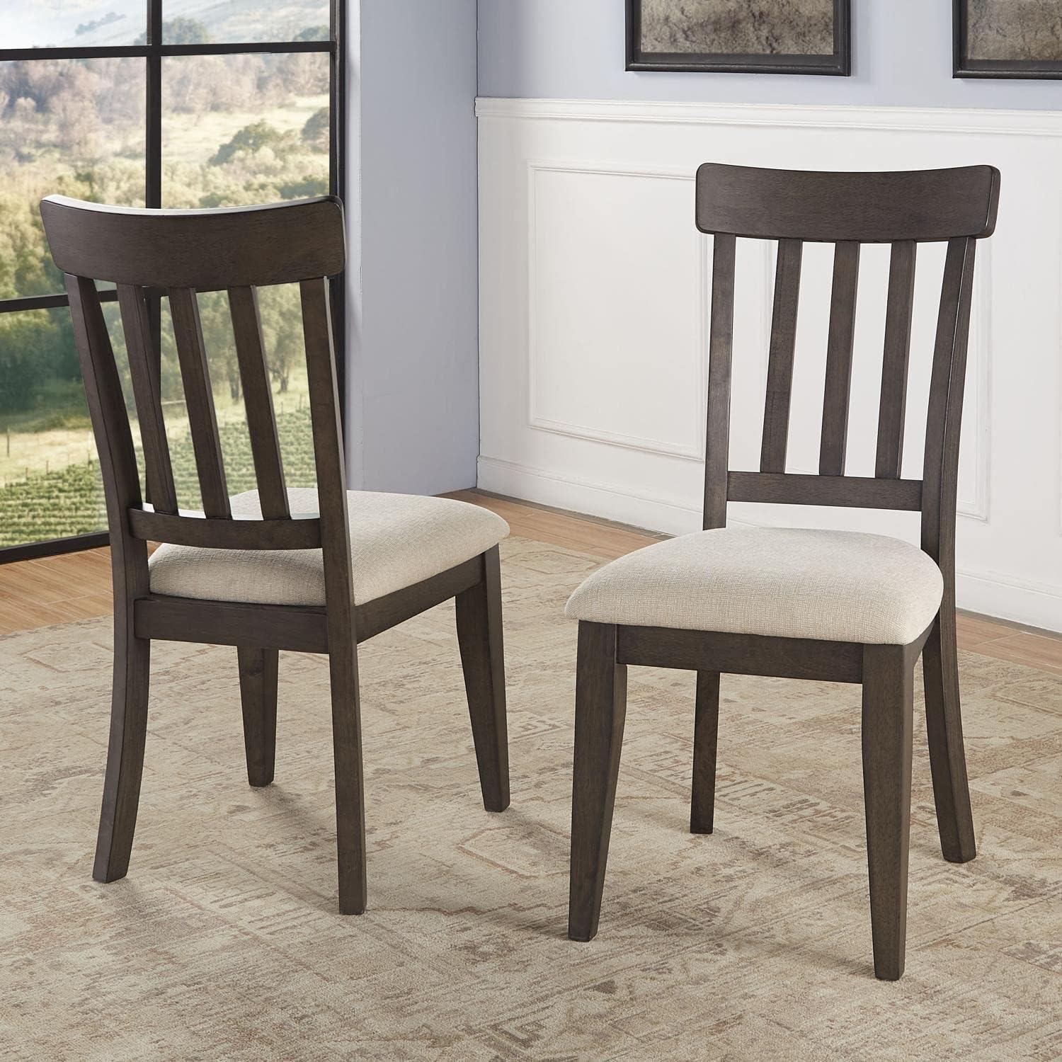 Beige Linen Upholstered Dark Brown Wood Side Chair Set