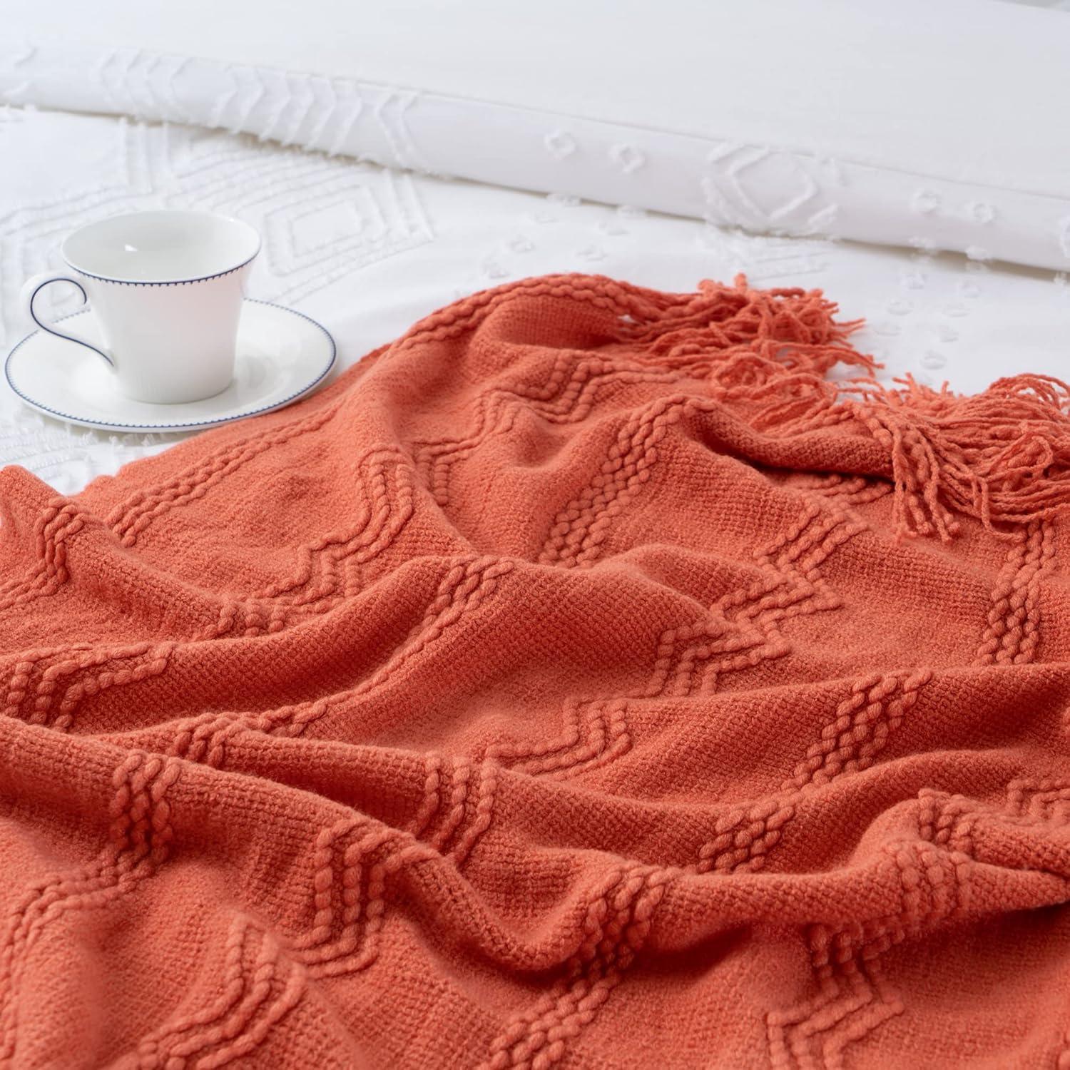 Battilo Orange Throw Blanket with Fringe Geometric Bed Salmon Knit Throws for Couch,Fall Blanket,50"x60"