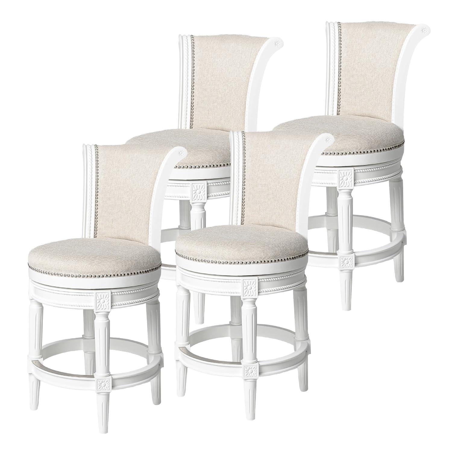 Maven Lane Pullman 26 Inch Tall Counter Height Upholstered Barstool with Back in Weathered Oak Finish with Sand Color Fabric Cushion Seat, Set of 4