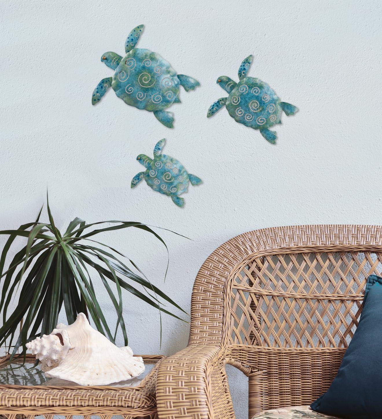 Large Blue and Green Metal Sea Turtle Wall Decor Set