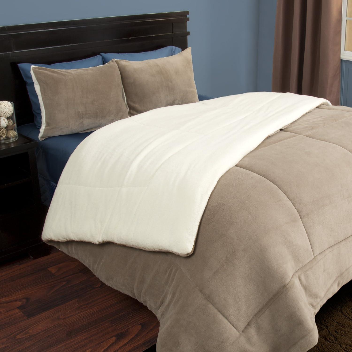 Taupe Full Reversible Sherpa and Fleece Comforter Set