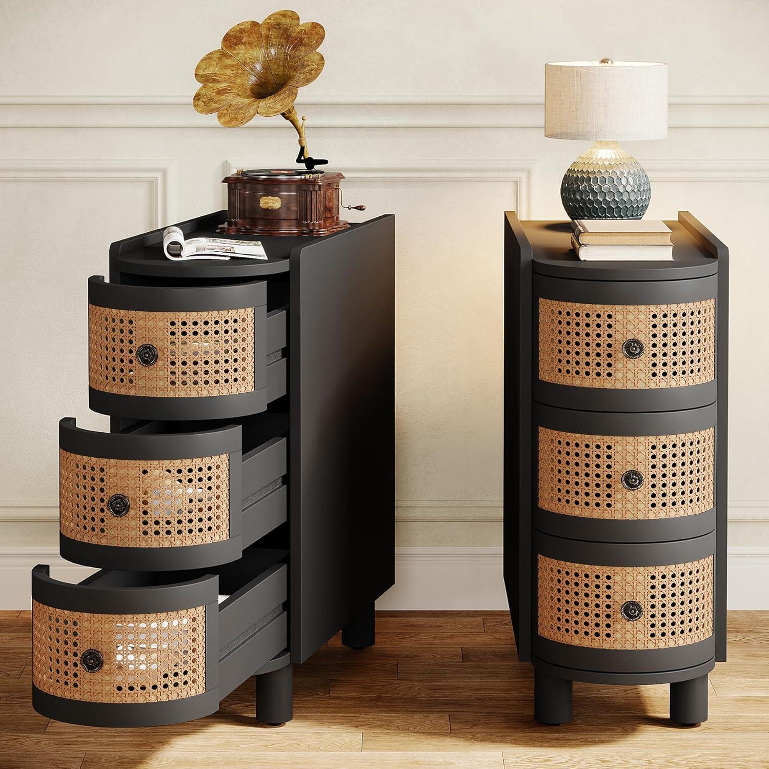 Canddidliike Wood End Table, 3-Drawer Side Table NightStand with 3 Rattan Drawers, End Table for Bedroom, Black