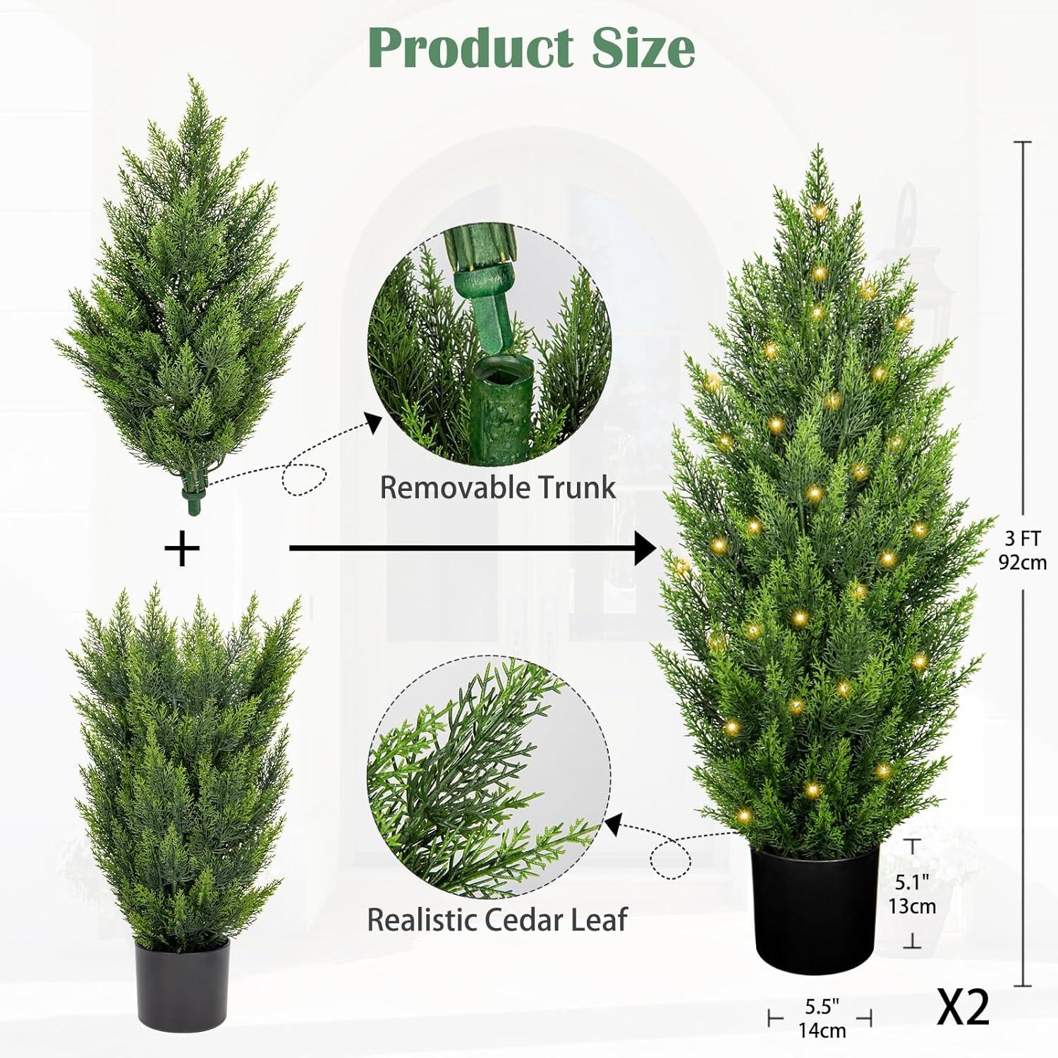 2 Pack 3ft Artificial Cedar Topiary Trees for Outdoors, Fake Cypress Plants with Solar Light String, Faux uv resistant Plants for Home Front Porch Decor, Housewarming Gift