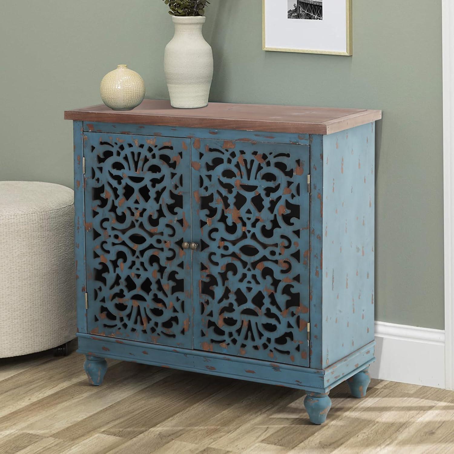 Phi Villa  2-door Retro Antique Hollow-Carved Storage Cabinet Blue