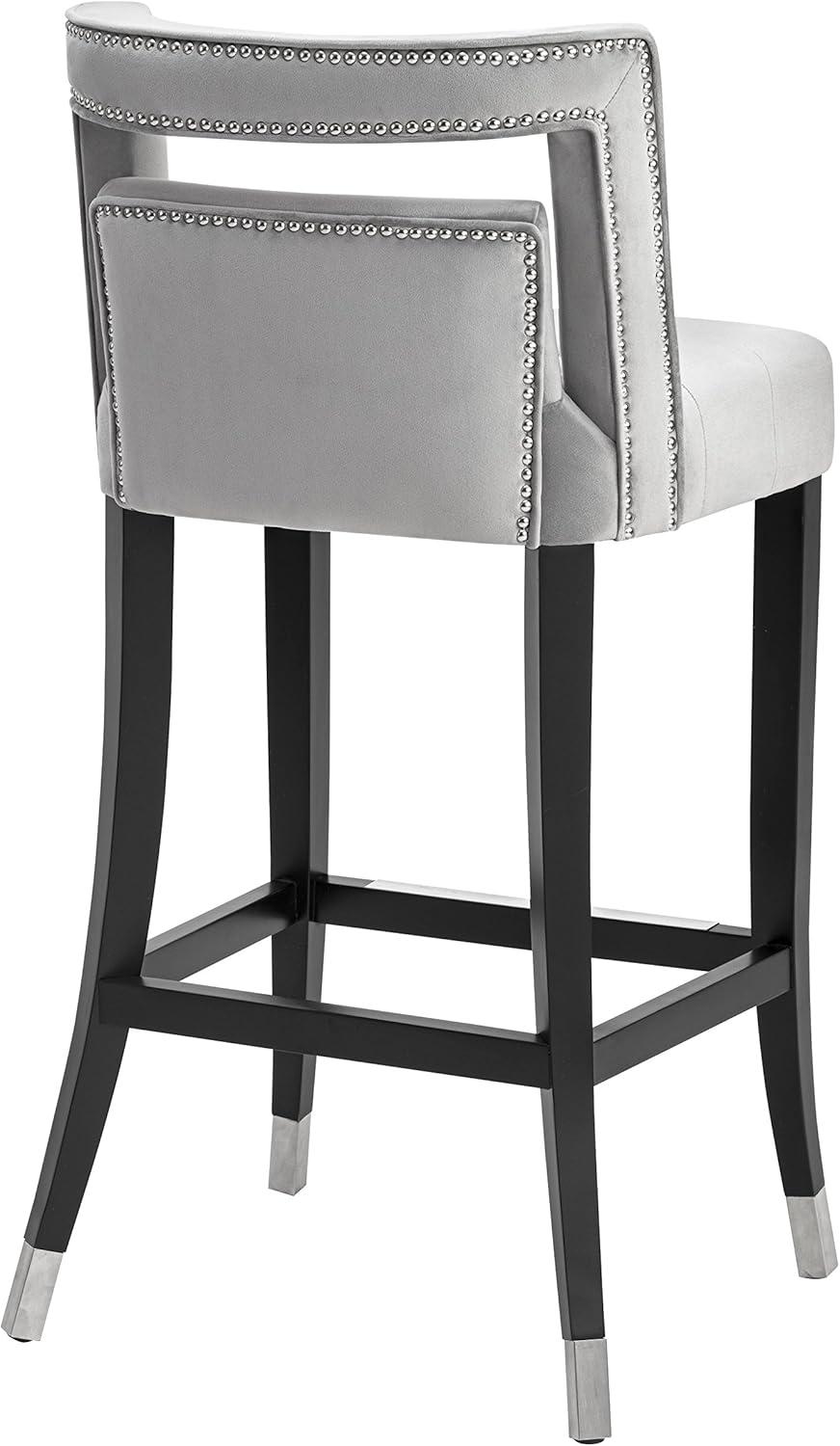 Sumptuous Grey Velvet Bar Stool with Metal Tipped Legs and Nailheads