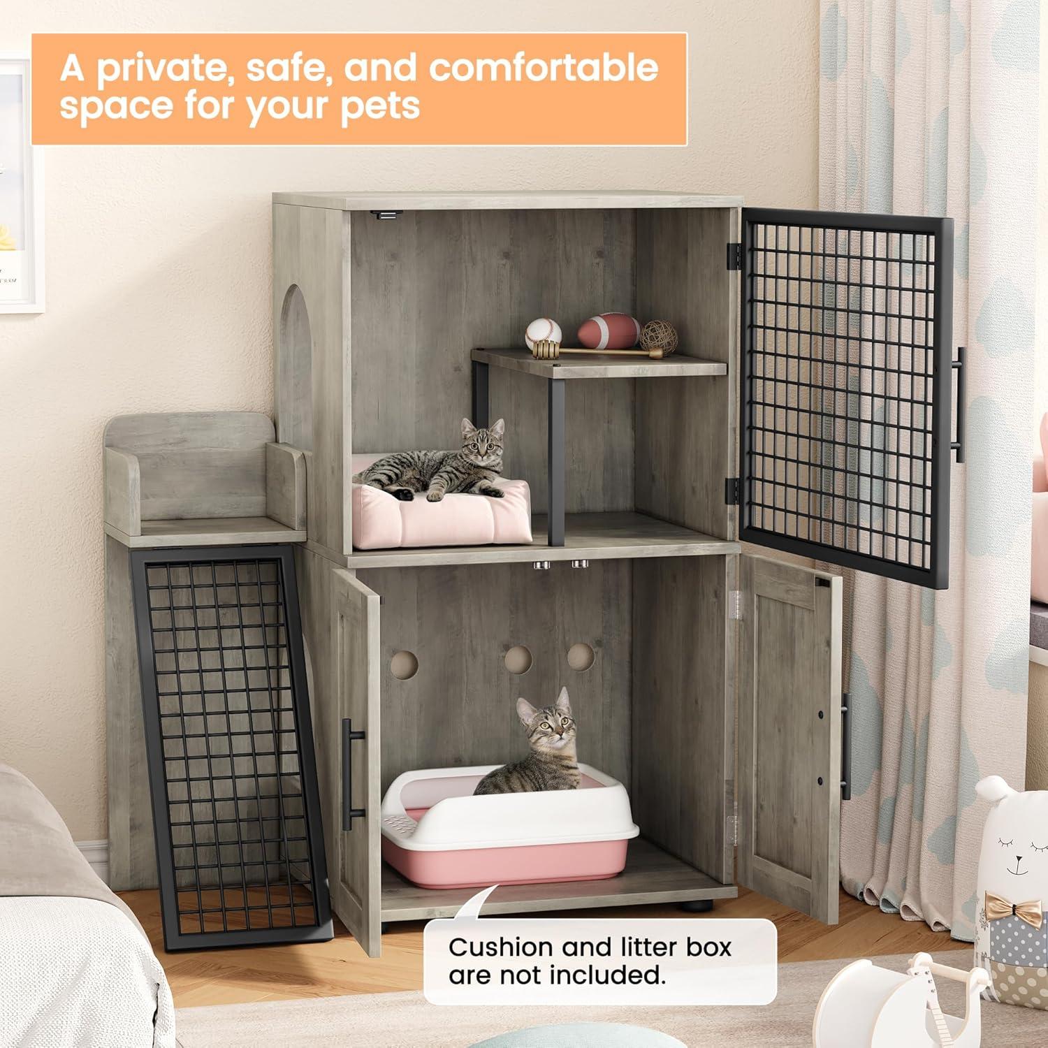 Modern Villa Litter Box Enclosure with Platform, Double Layer Hidden Furniture