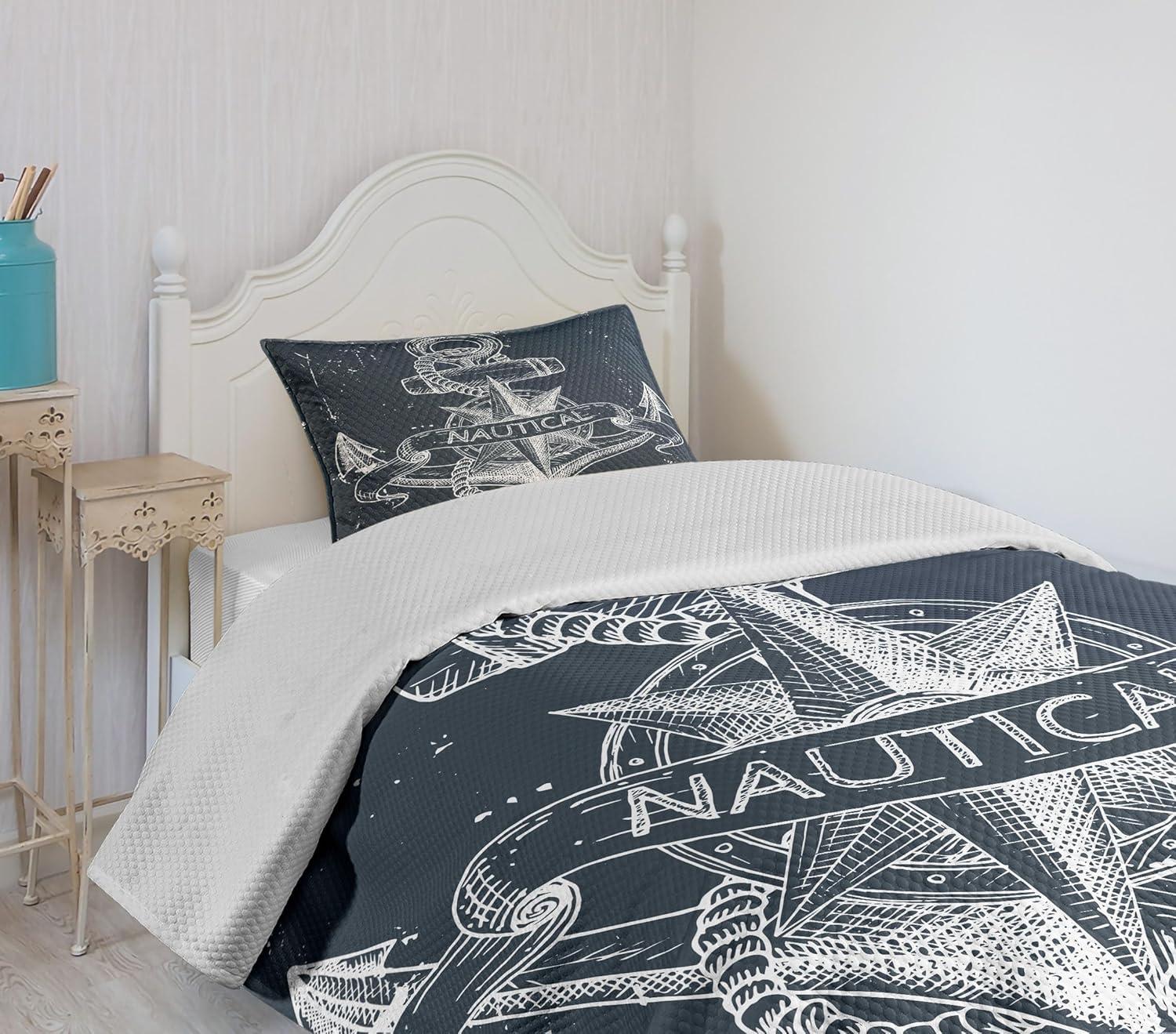 Ambesonne Ambesonne Nautical Bedspread Set Knot Anchor Compass Dark Blue White