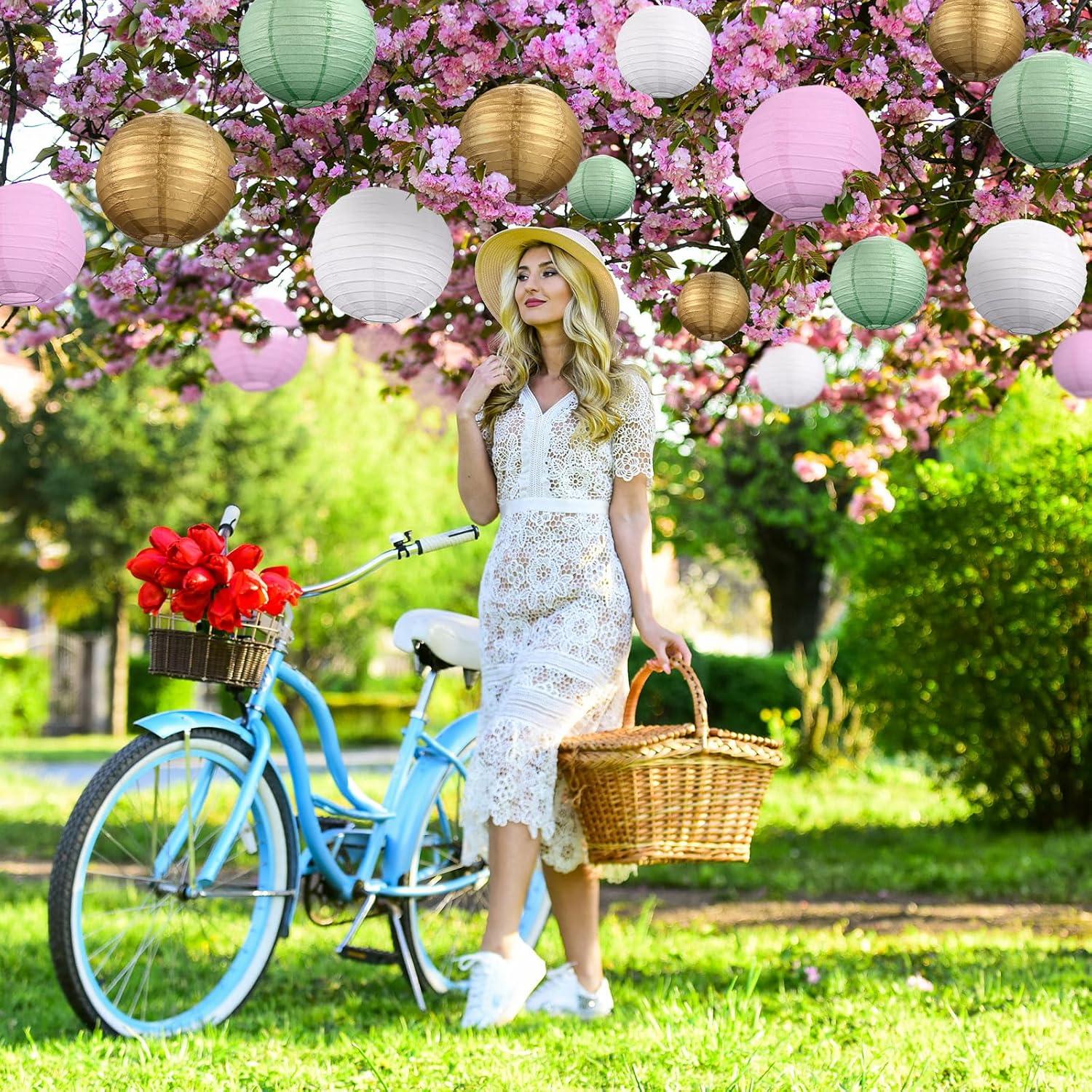 Riakrum 16 Pcs Sage Green Gold Pink Paper Lanterns Party Decorations Mixed Size 6'' 8'' 10'' 12'' Chinese Hanging Round Lanterns for Baby Shower Birthday Wedding Home Decorations Supplies