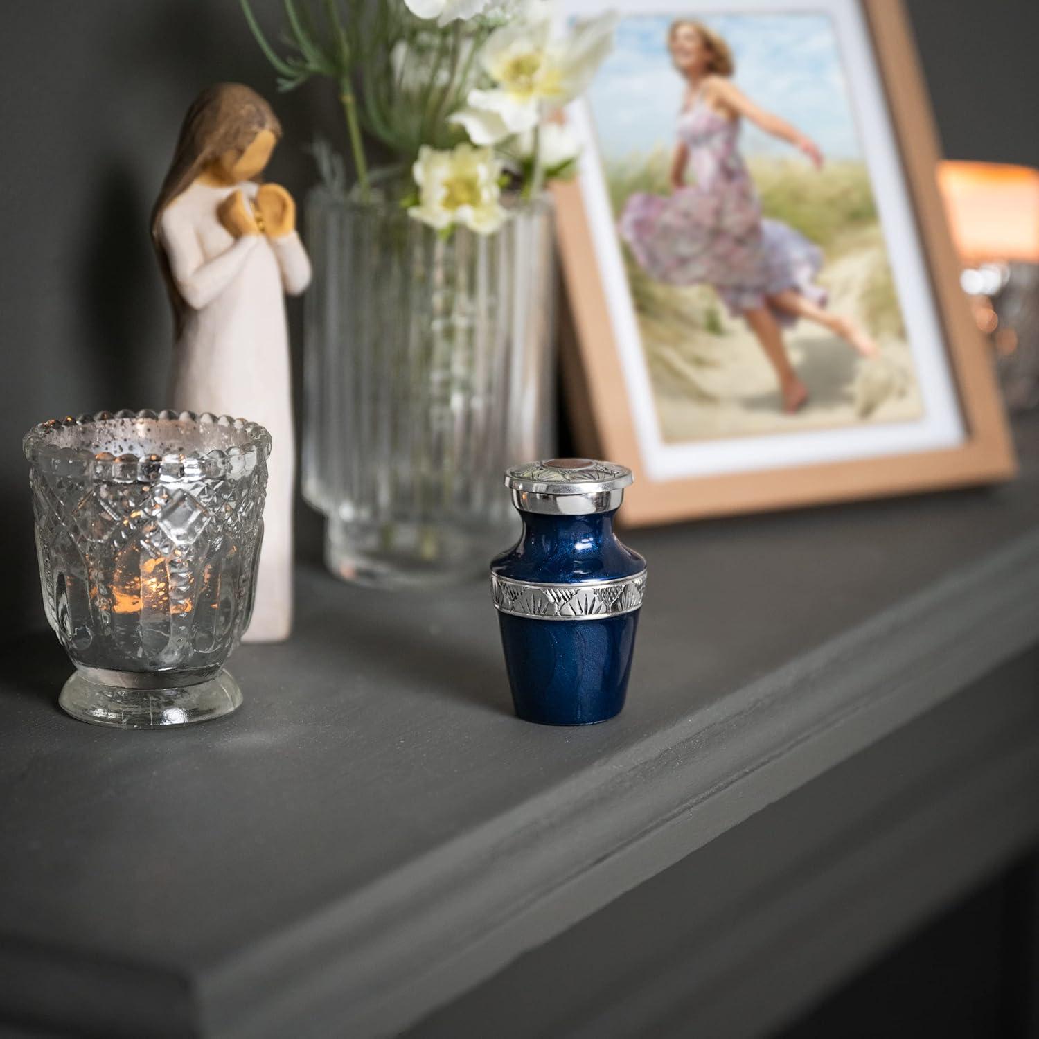 FOVERE – Mini Keepsake Urn for Human Ashes - Small Blue Cremation Urns with Elegant Silver Engraving – Holds a Small Portion of Ashes – 100% Handcrafted Decorative Urns for Human Ashes – Navy Blue