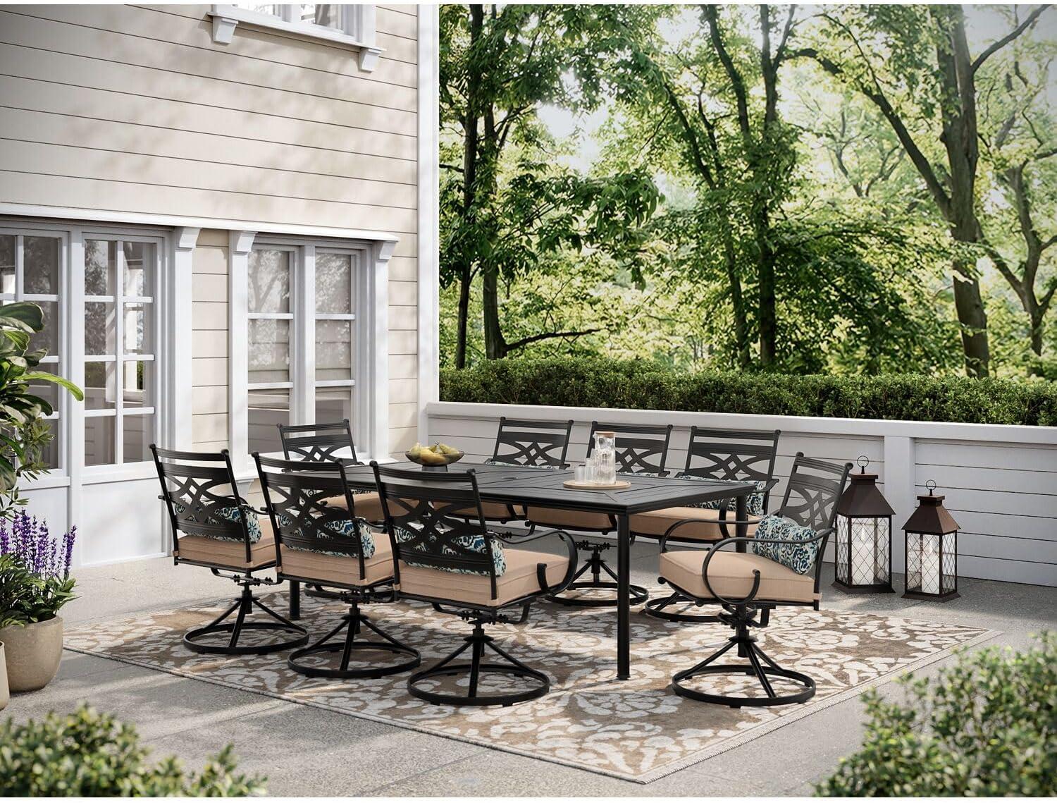 Hanover Montclair 9-Piece All-Weather Outdoor Patio Dining Set, 8 Swivel Rocker Chairs with Comfortable Seat and Lumbar Cushions, 84"x42" Stamped Rectangle Table, MCLRDN9PCSW8-TAN