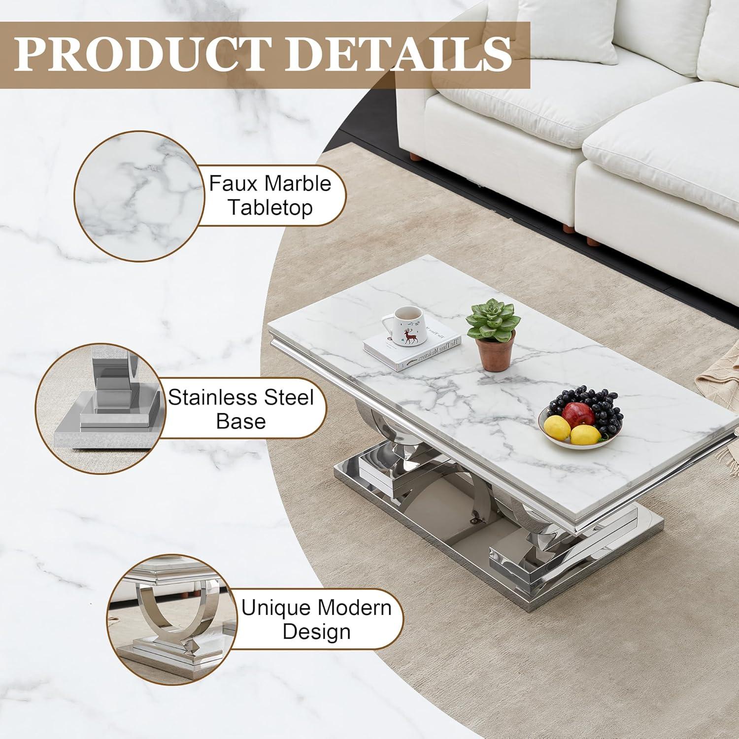 Rectangle Marble Coffee Table With Stainless Steel Base