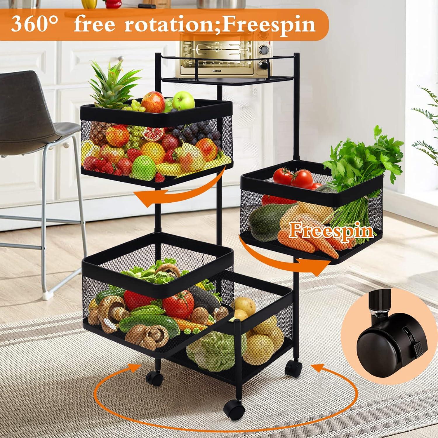 Black Metal 4-Tier Rotating Kitchen Storage Cart with Swing Out Shelves