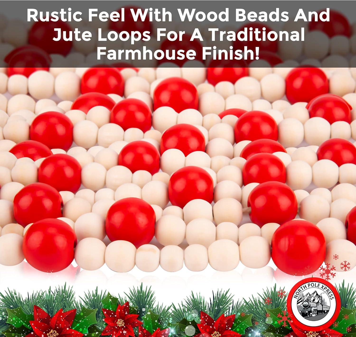 NorthPoleXpress Red & Natural Wooden Christmas Tree Garland, 9 Foot, Red & Natural Wood, Rustic Country Farmhouse Vintage, Assorted Bead Sizes