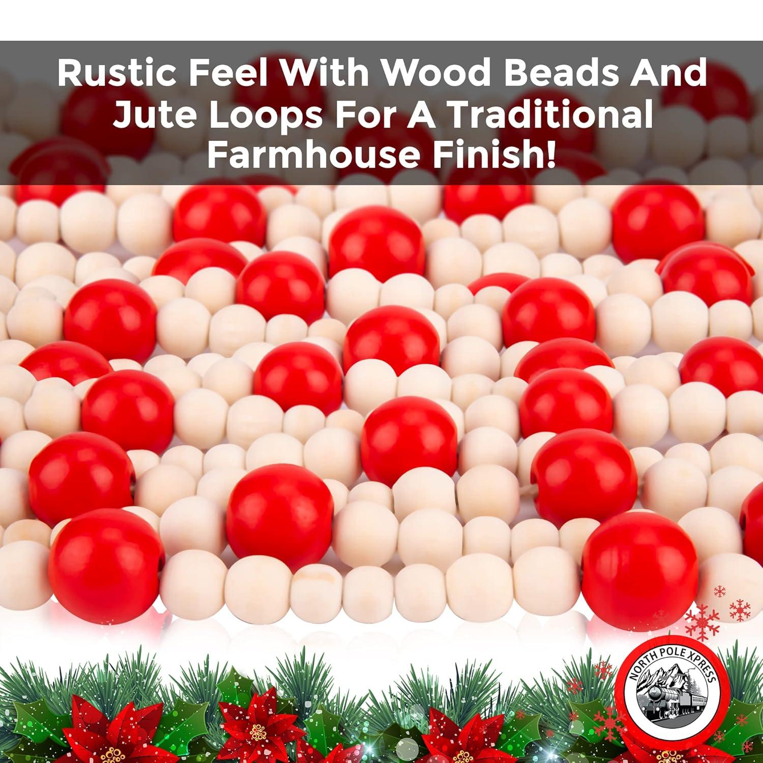 NorthPoleXpress Red & Natural Wooden Christmas Tree Garland, 9 Foot, Red & Natural Wood, Rustic Country Farmhouse Vintage, Assorted Bead Sizes