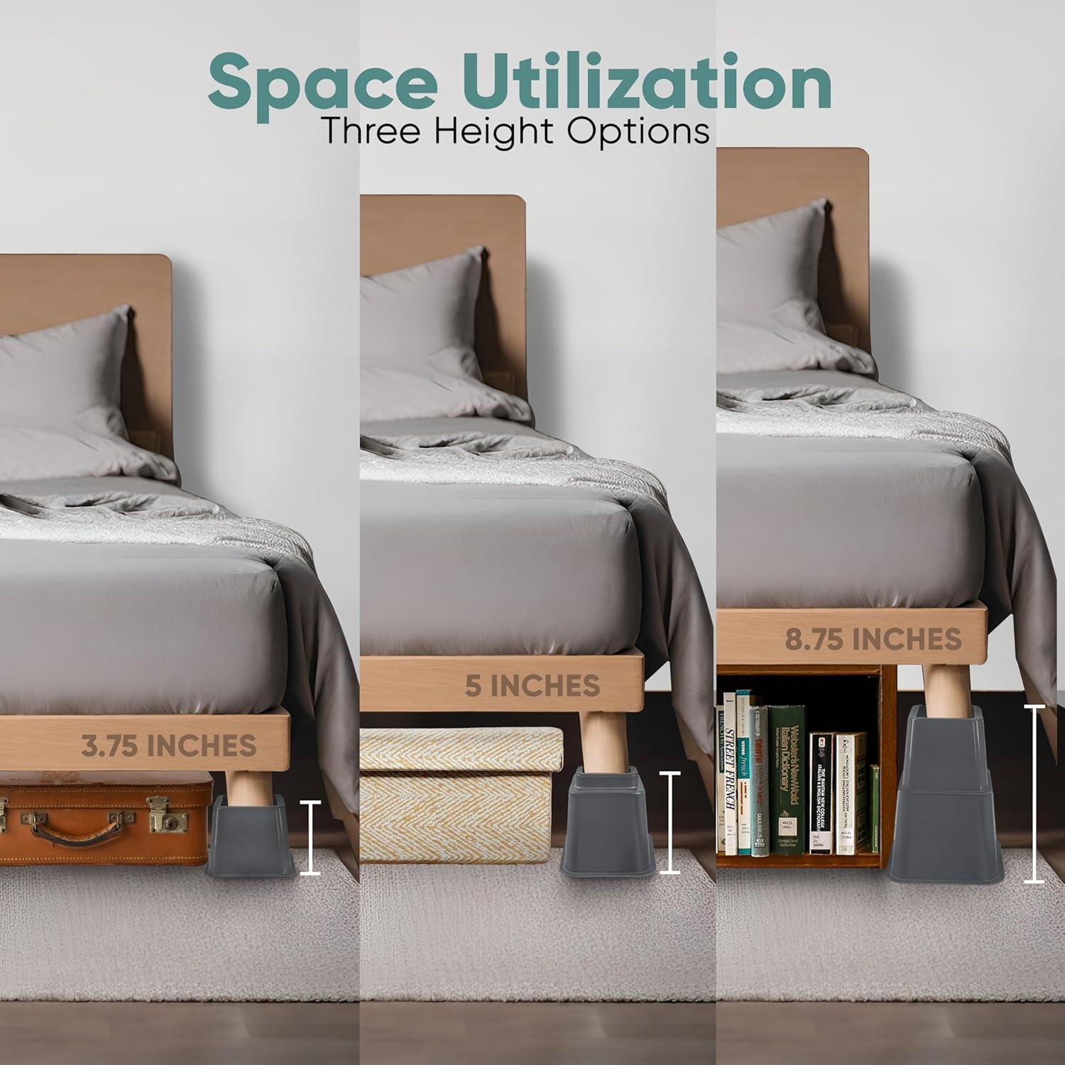 Home Intuition Bed Risers Heavy Duty Adjustable Furniture Riser 3, 5 or 8-Inch, 4 Pack, 8-Piece Set (Grey)