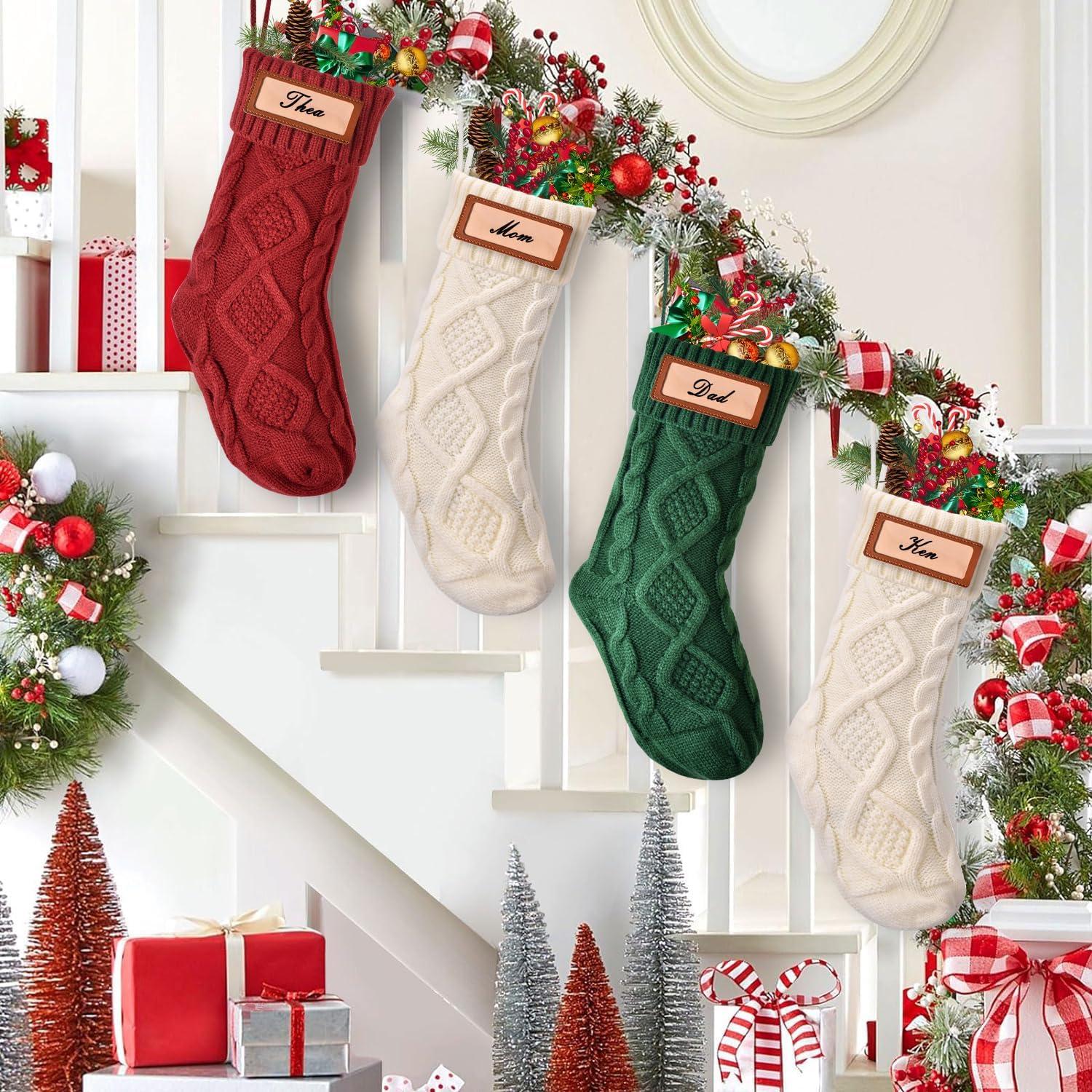 Large Red and Green Cable Knit Christmas Stockings, 4 Pack