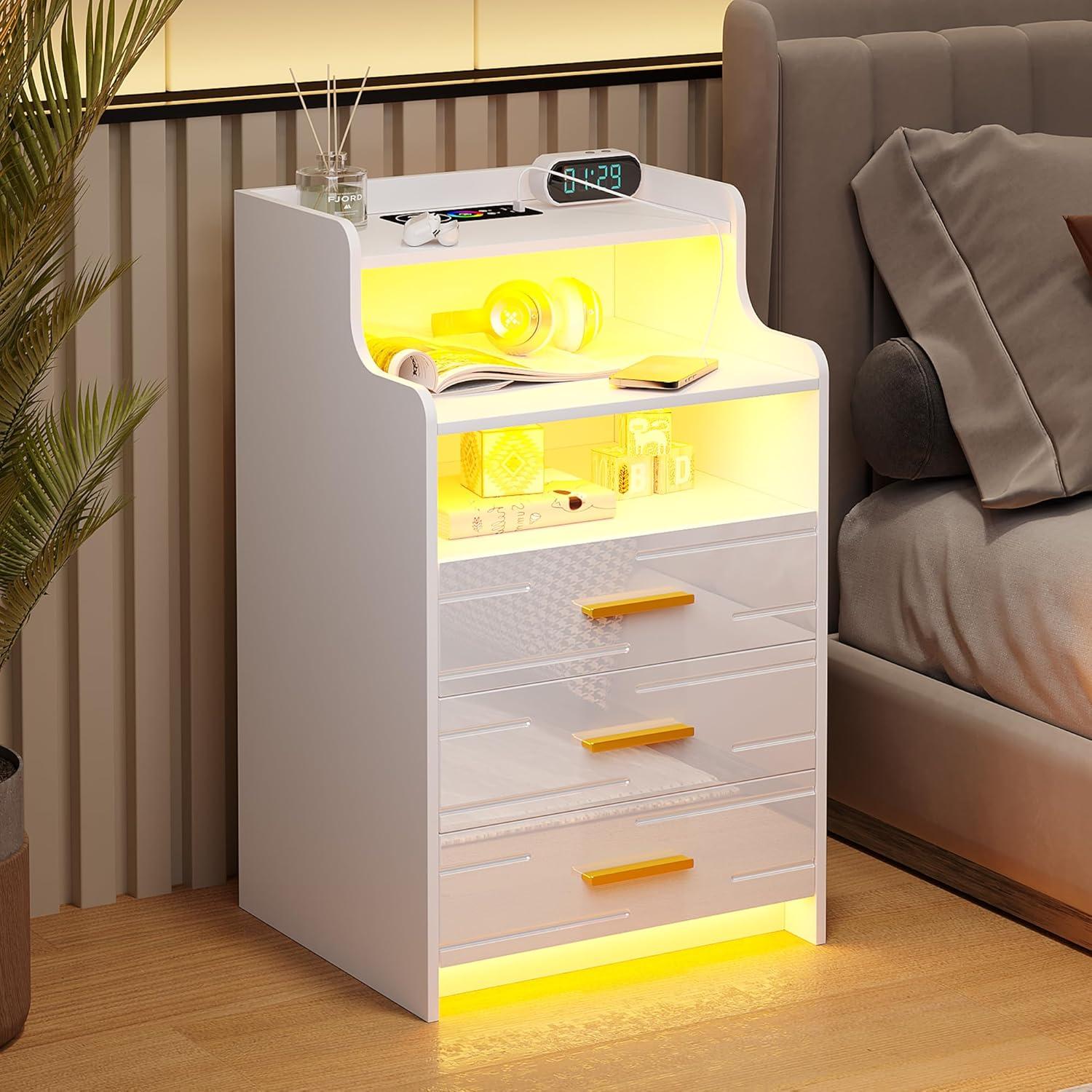 HNEBC Smart LED Nightstand with Wireless Charging & USB Ports, High Glossy Night Stand with 3 Drawers and 1 Pull-Out Tray, Modern Bedside Table with Human Sensor for Bedroom (White)