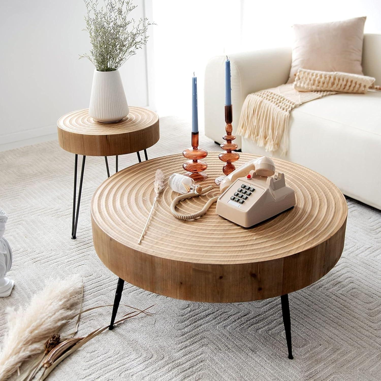COZAYH 2-Piece Modern Farmhouse Living Room Coffee Table Set, Nesting Table Round Natural Finish with Handcrafted Wood, Ring Pattern