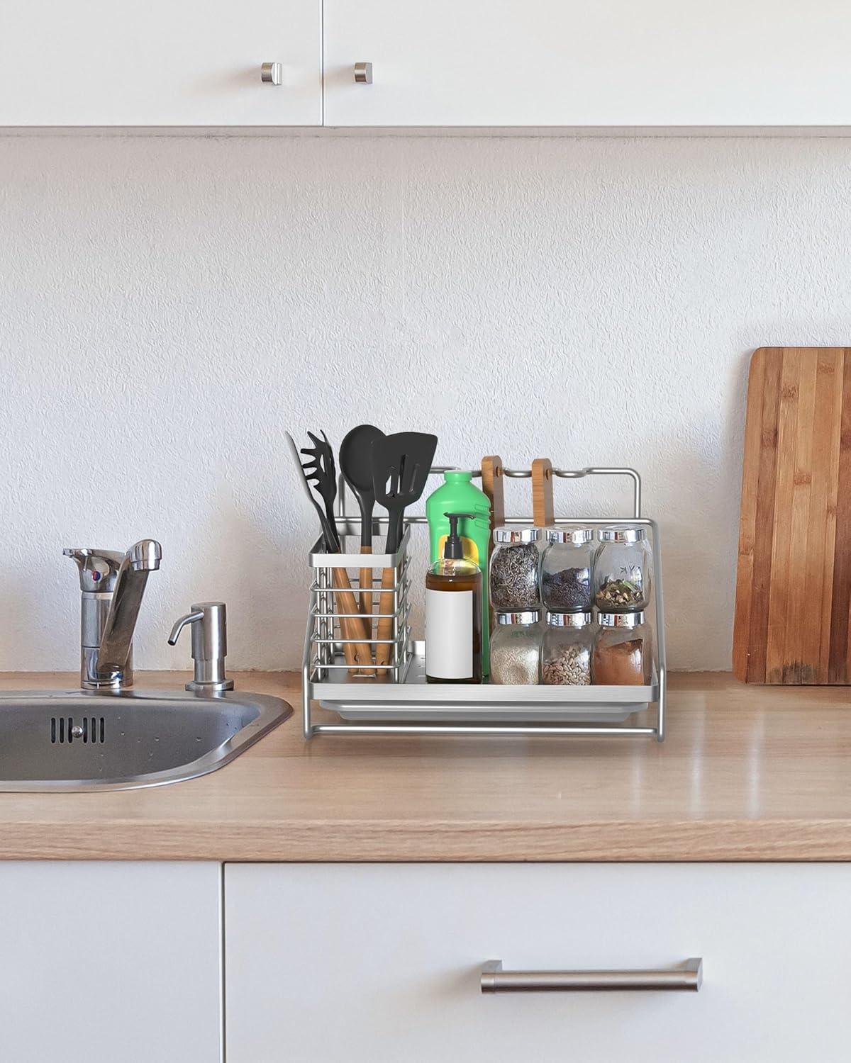 Stainless Steel Kitchen Sink Caddy with Side Basket and Drain Tray