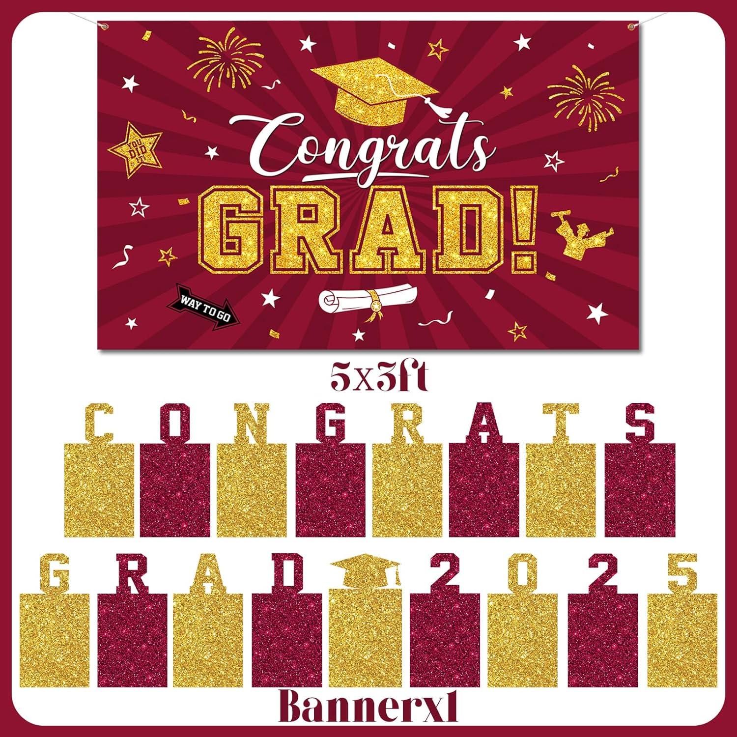 2025 Graduation Party Decoration, Red Gold Themed Set with Congrats Grad Banner, Balloons, Foil Number 2025 for Class of 2025 Graduation Party Supplies