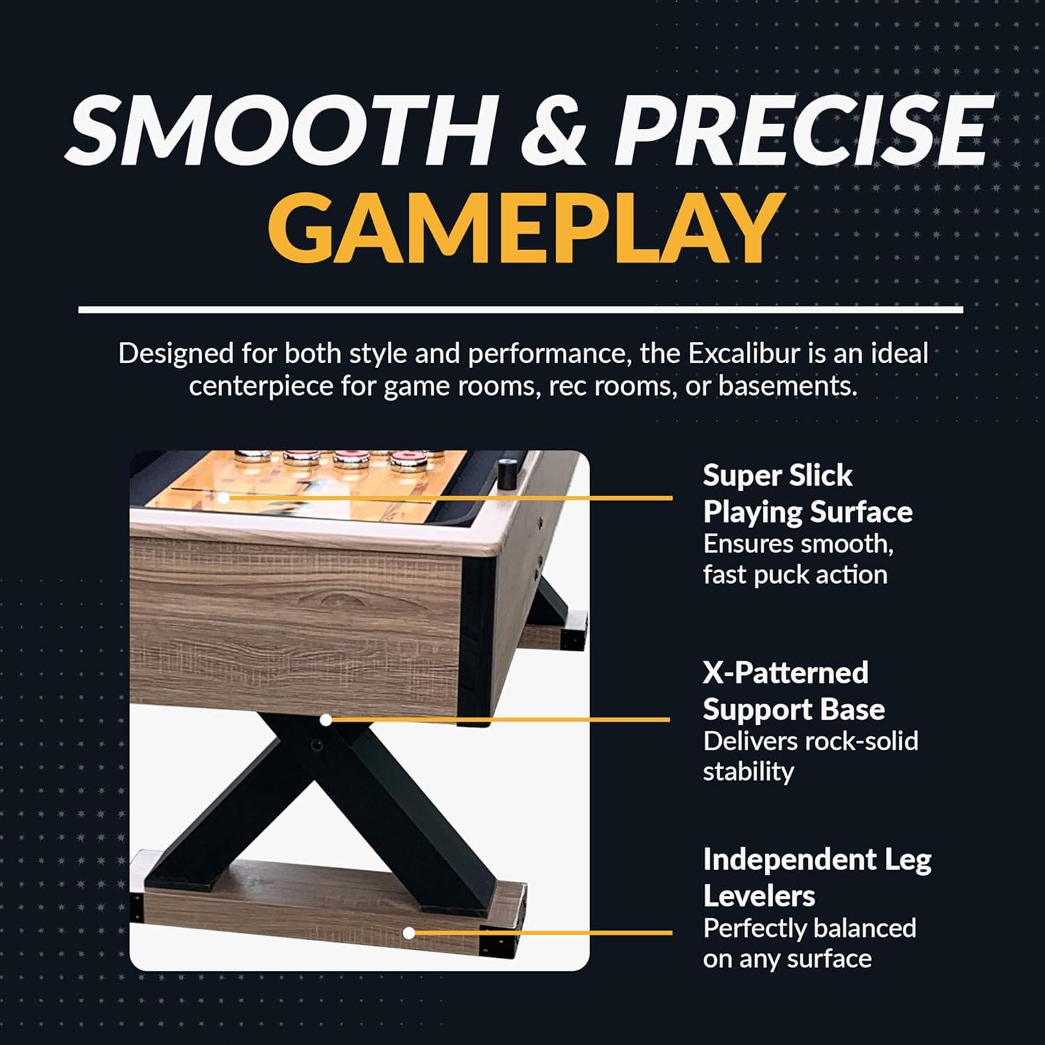 Hathaway Excalibur 9 Ft Shuffleboard Table for Arcade Game Room - With Poly-Coated Playfield, Built-In Abacus Scorer & Cabinet, Padded Gutters, X-Pattern Legs, 8 Pucks, Brush & Wax - Driftwood Finish