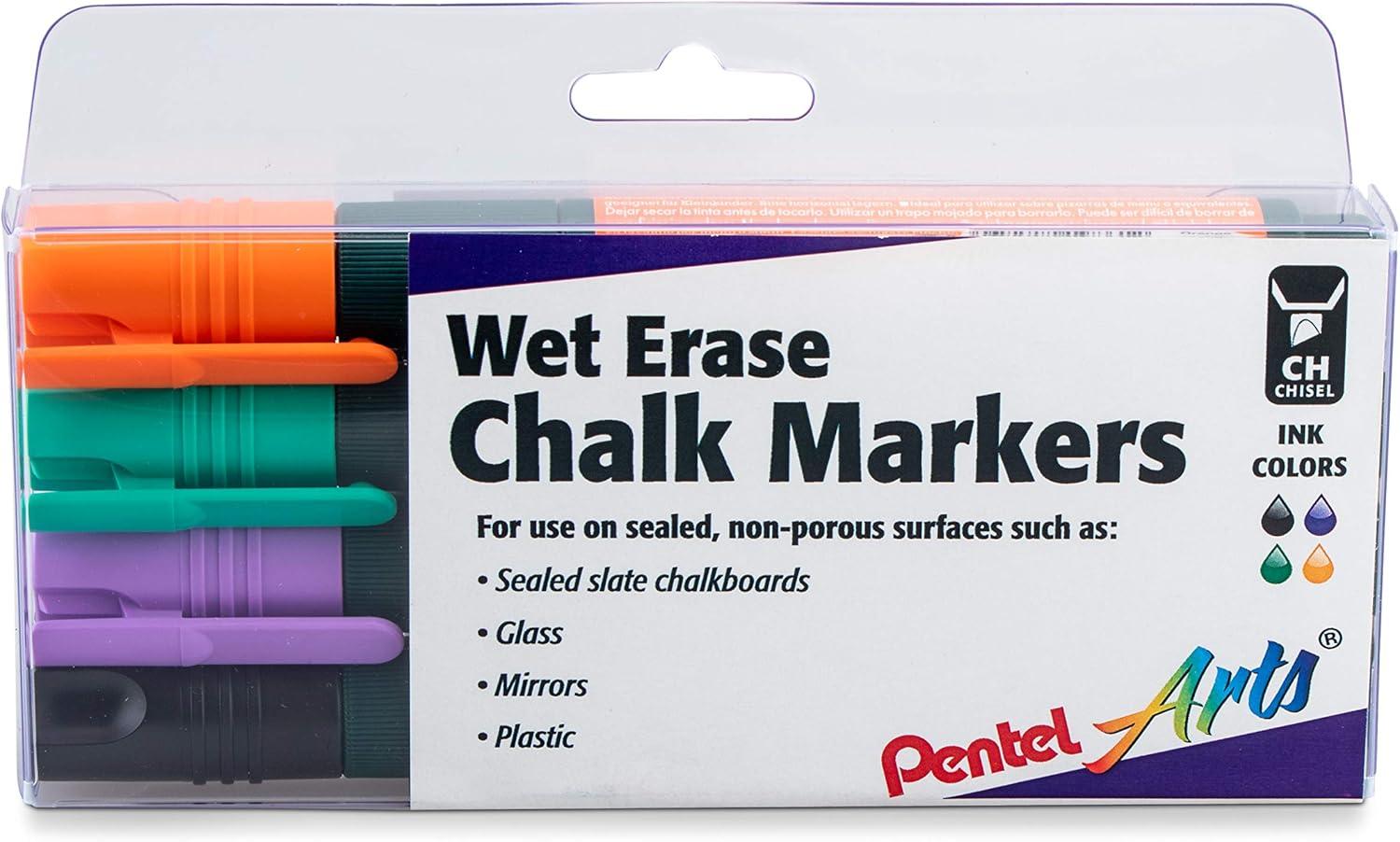 Pentel Wet Erase Chalk Markers - Secondary Colors, Chisel Point, Set of 4