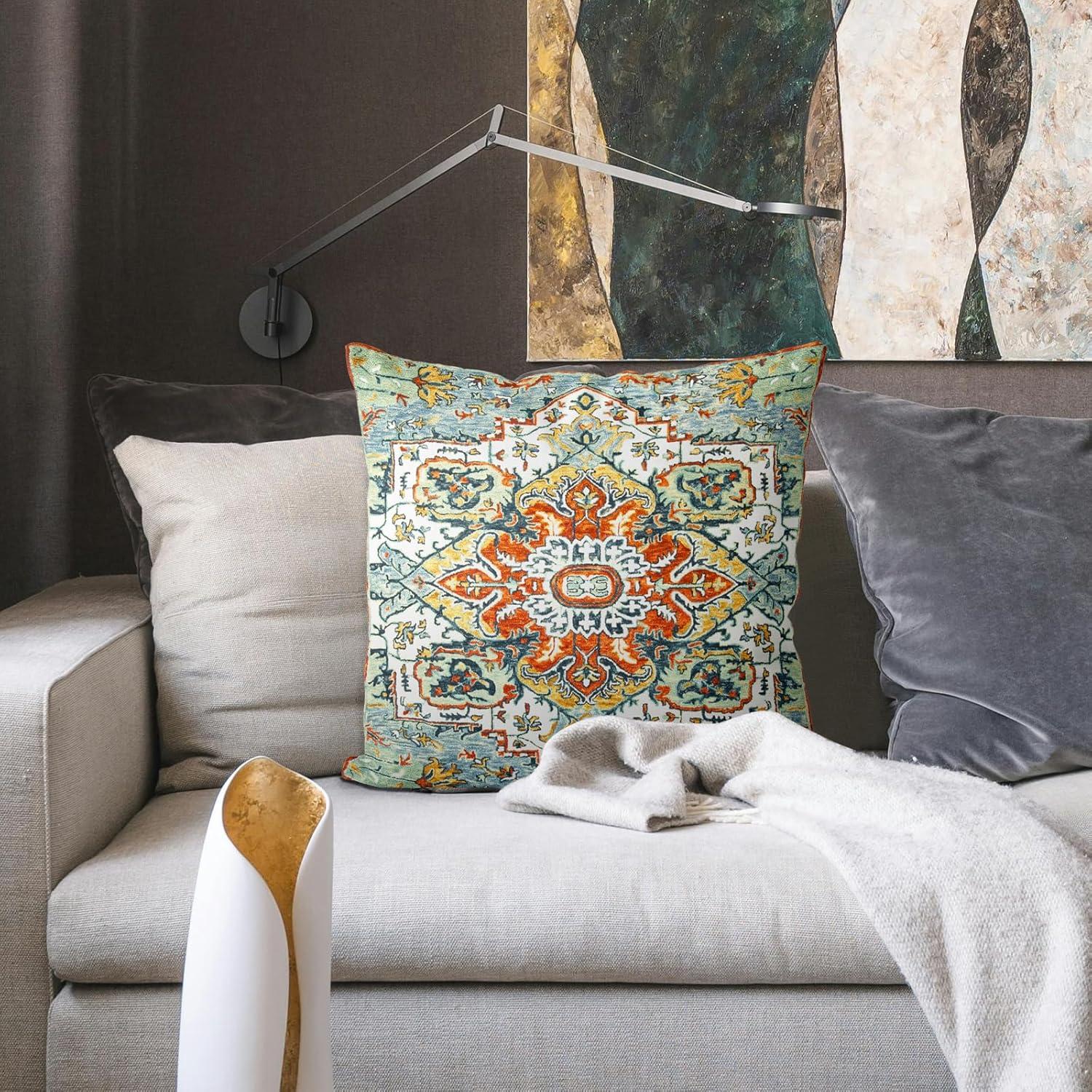 Boho Green Throw Pillow Covers 18x18 inch Set of 2,Bohemian Carpet Double Sided Pattern Soft Plush Cushion Cover for Couch Sofa Bed Decorative,Only Pillowcase (No Insert)