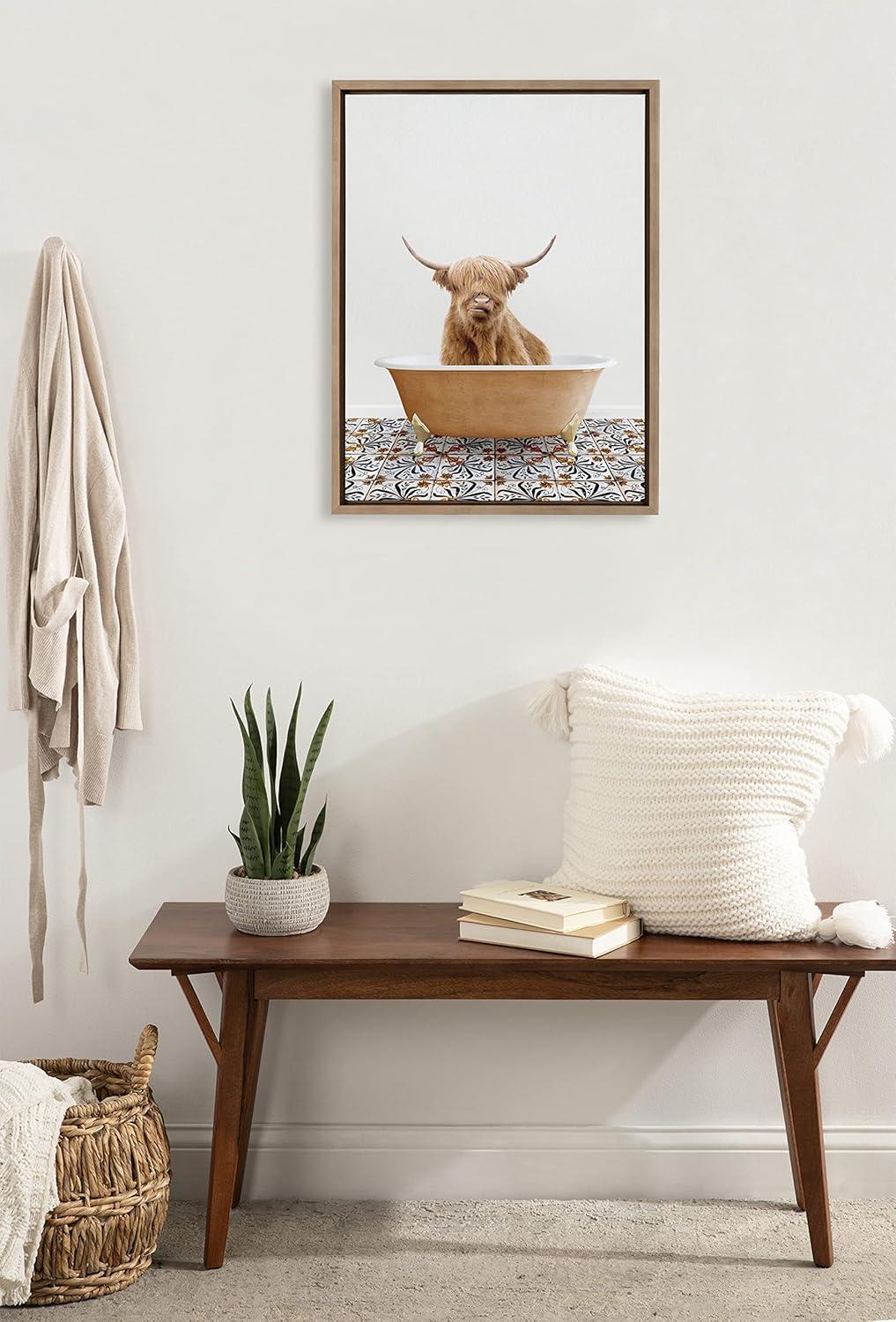 Kate and Laurel Sylvie Highland Cow In Mediterranean Bath Framed Canvas by Amy Peterson Art Studio