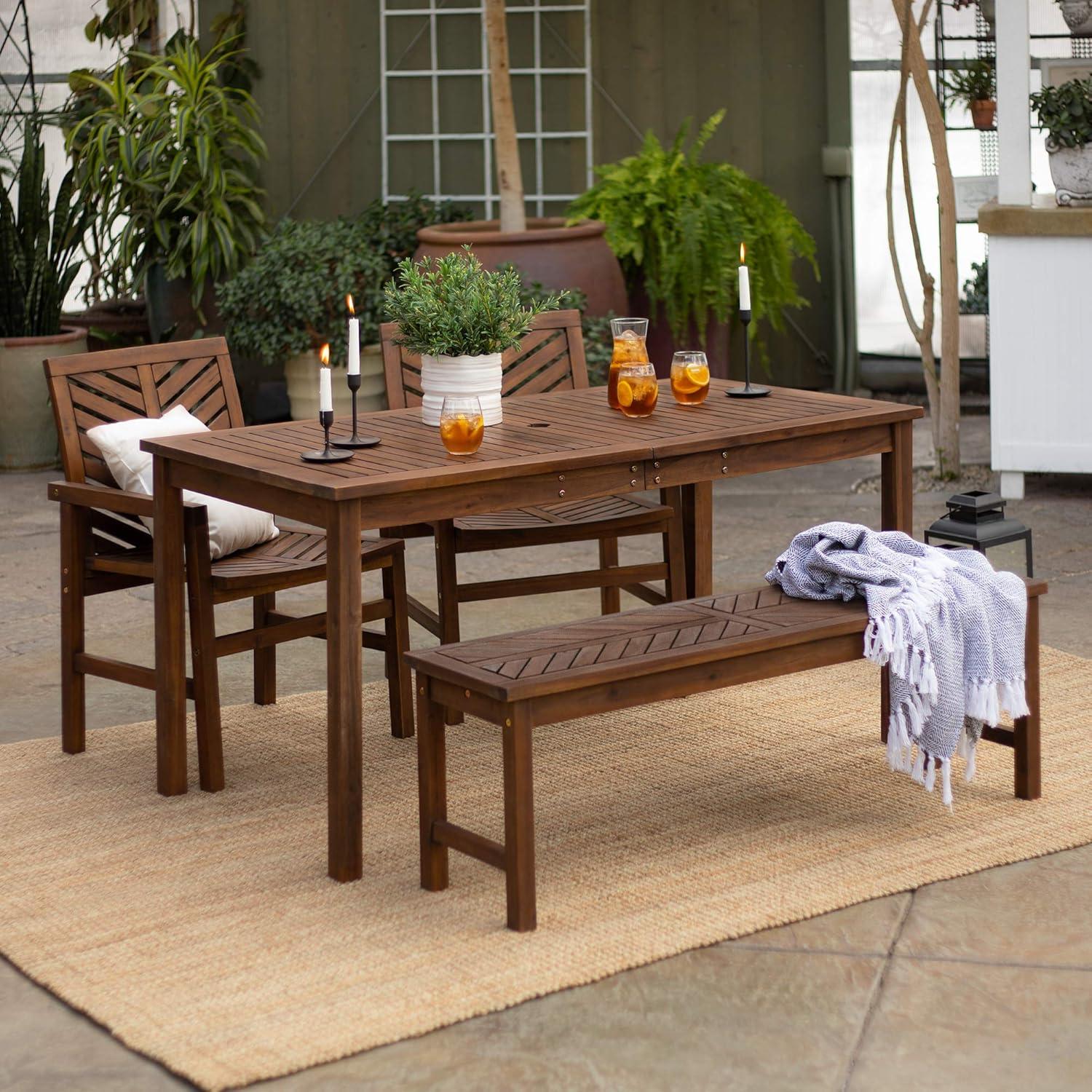 Dark Brown Acacia Wood Chevron Outdoor Dining Set with Bench and Chairs