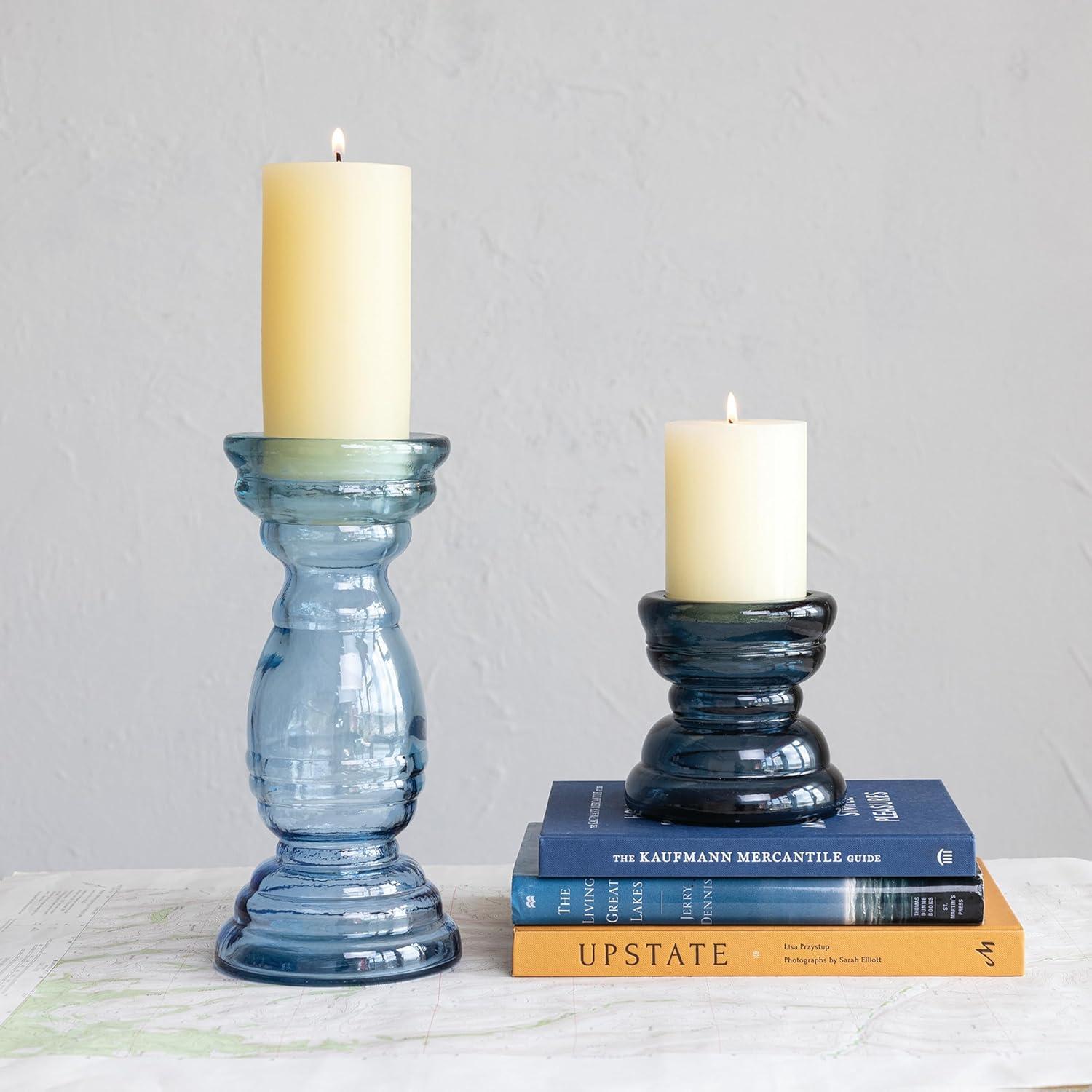 Tall Blue Reclaimed Glass Pillar Candle Holder