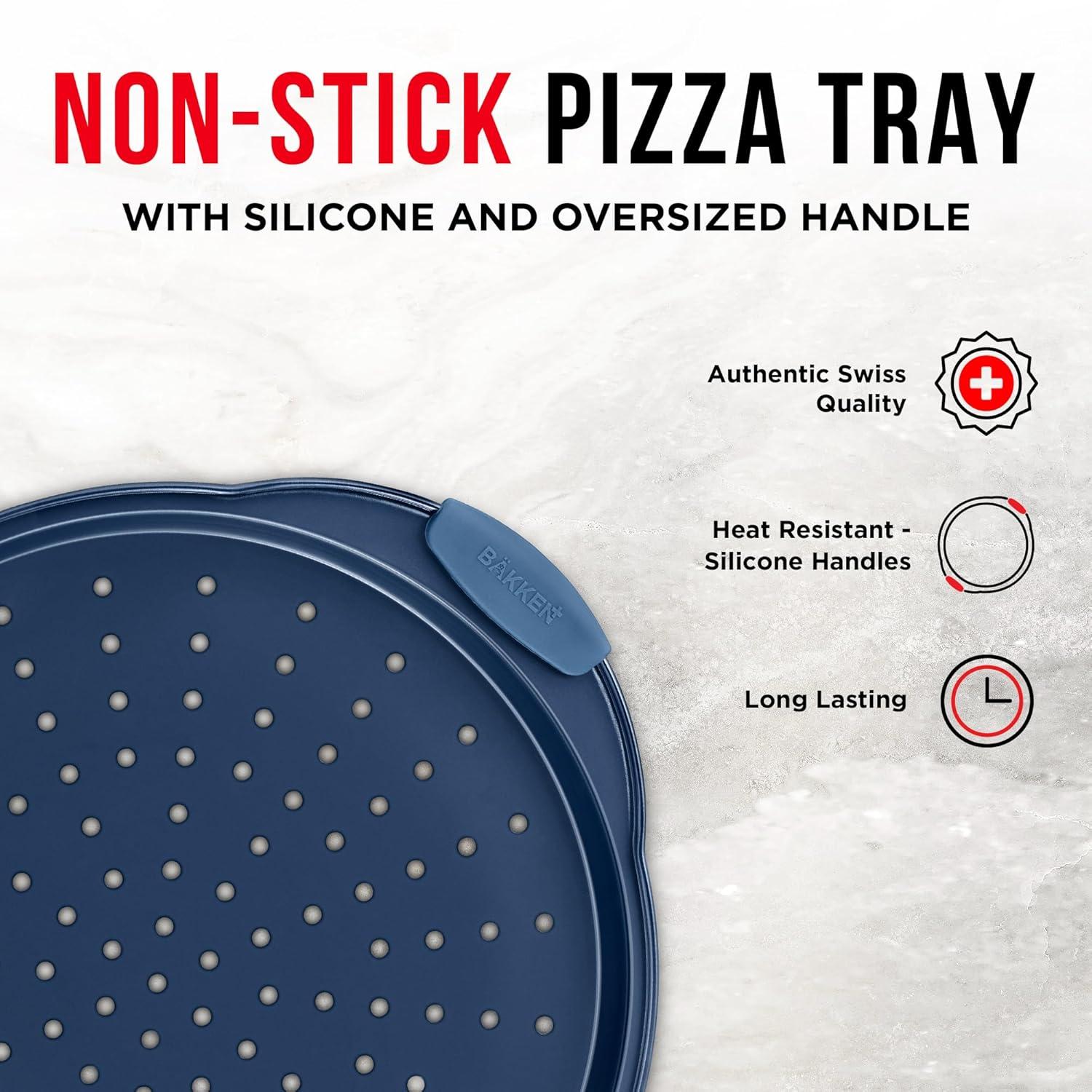Bakken Pizza Baking Pan - Round Perforated Carbon Steel Pan with Non-Stick Marble Coating, Oversized Silicone Handle, Dishwasher Safe, High-Temperature Resistant, Durable & Easy Cleanup Blue, 1 Pack