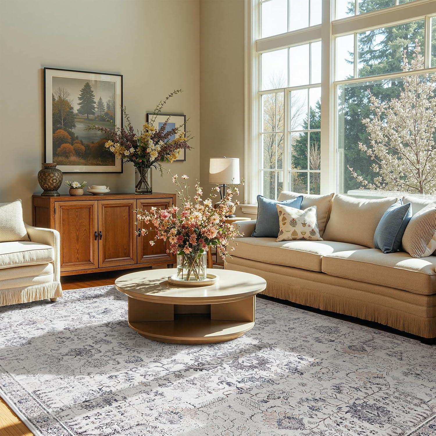 jinchan Area Rug 8x10 Washable Living Room Rug Vintage Indoor Large Floor Cover Retro Accent Mat Distressed Gray Floral Country Boho Non Slip Thin Carpet for Bedroom Kitchen Dining Room Office Grey