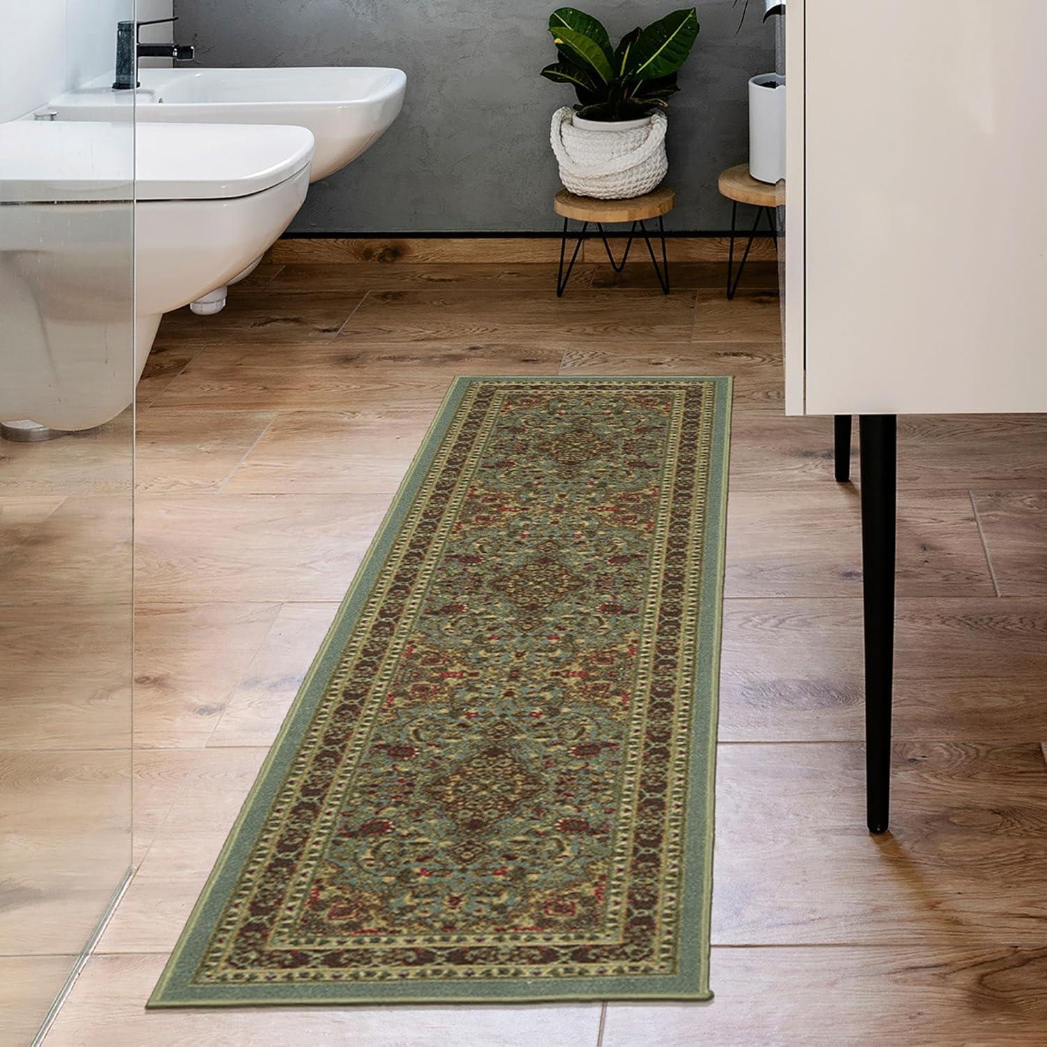 Ottomanson Machine Washable Non-Slip Rubberback Medallion Oriental 2x5 Indoor Runner Rug, 20" x 59", Seafoam Green